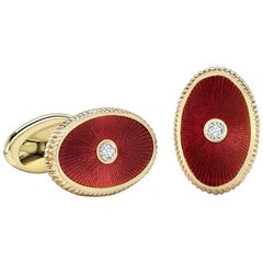 Fabergé Boris 18K Gold Diamond Oval Cufflinks w/ Red Guilloché Enamel US Clients