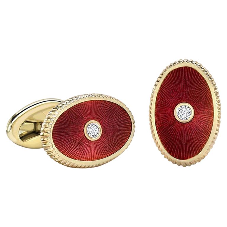 Fabergé Boris 18K Rose Gold Diamond Oval Cufflinks With Red Guilloché Enamel For Sale