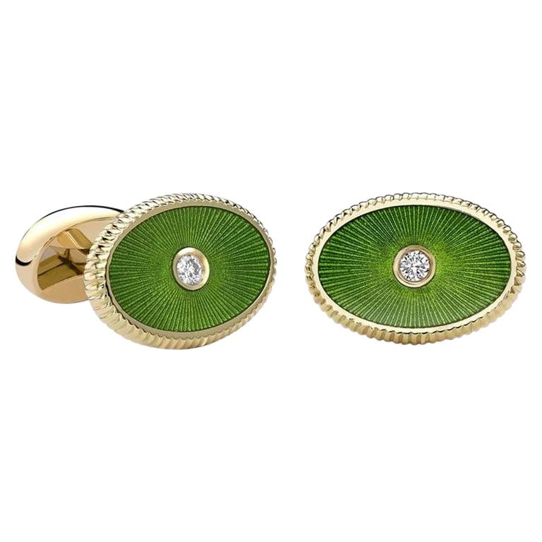 Fabergé Boris 18K Yellow Gold Diamond Oval Cufflinks With Green Guilloché Enamel For Sale