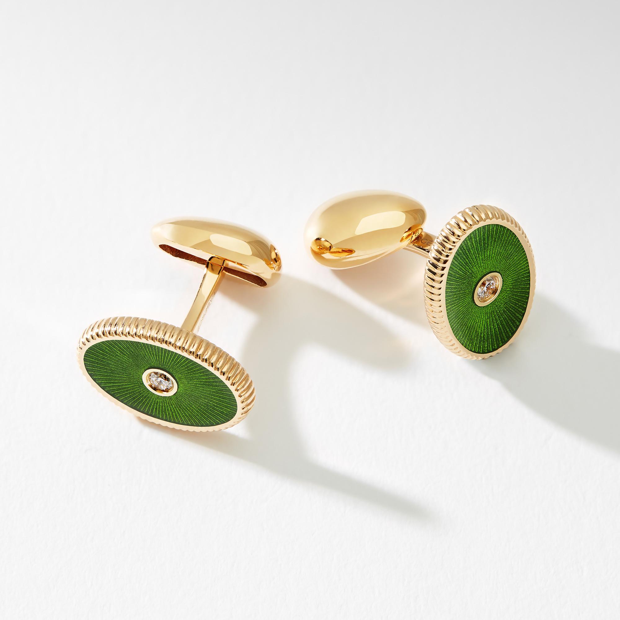 Round Cut Fabergé Boris 18K Yellow Gold Diamond Oval Cufflinks With Green Guilloché Enamel For Sale