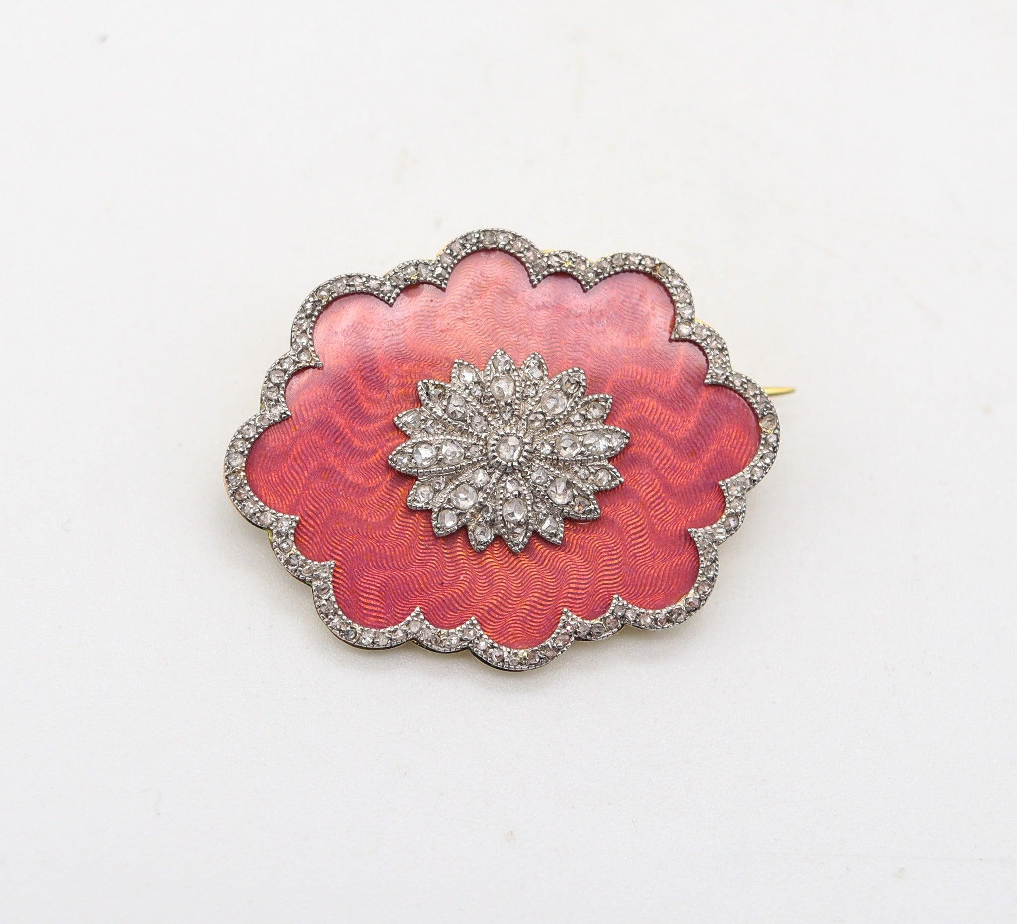 An enameled guilloche brooch designed by Knut Oskar Pihl / Oskar Pihl for Faberge.

This is a fabulous antique brooch created in Moscow Russia during the imperial period, circa 1895. This belle epoque brooch has been designed with neo-classic