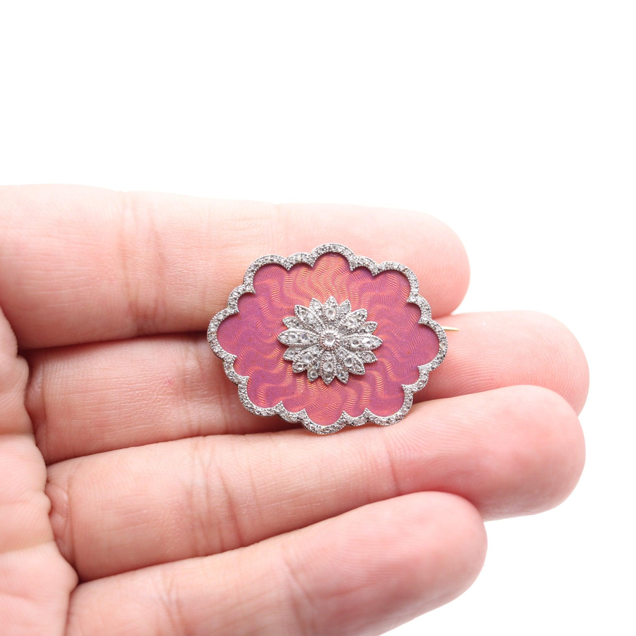 Belle Époque FABERGE by Knut Oskar Pihl 1895 Enameled Pink Guilloche Brooch In Gold & Diamond For Sale