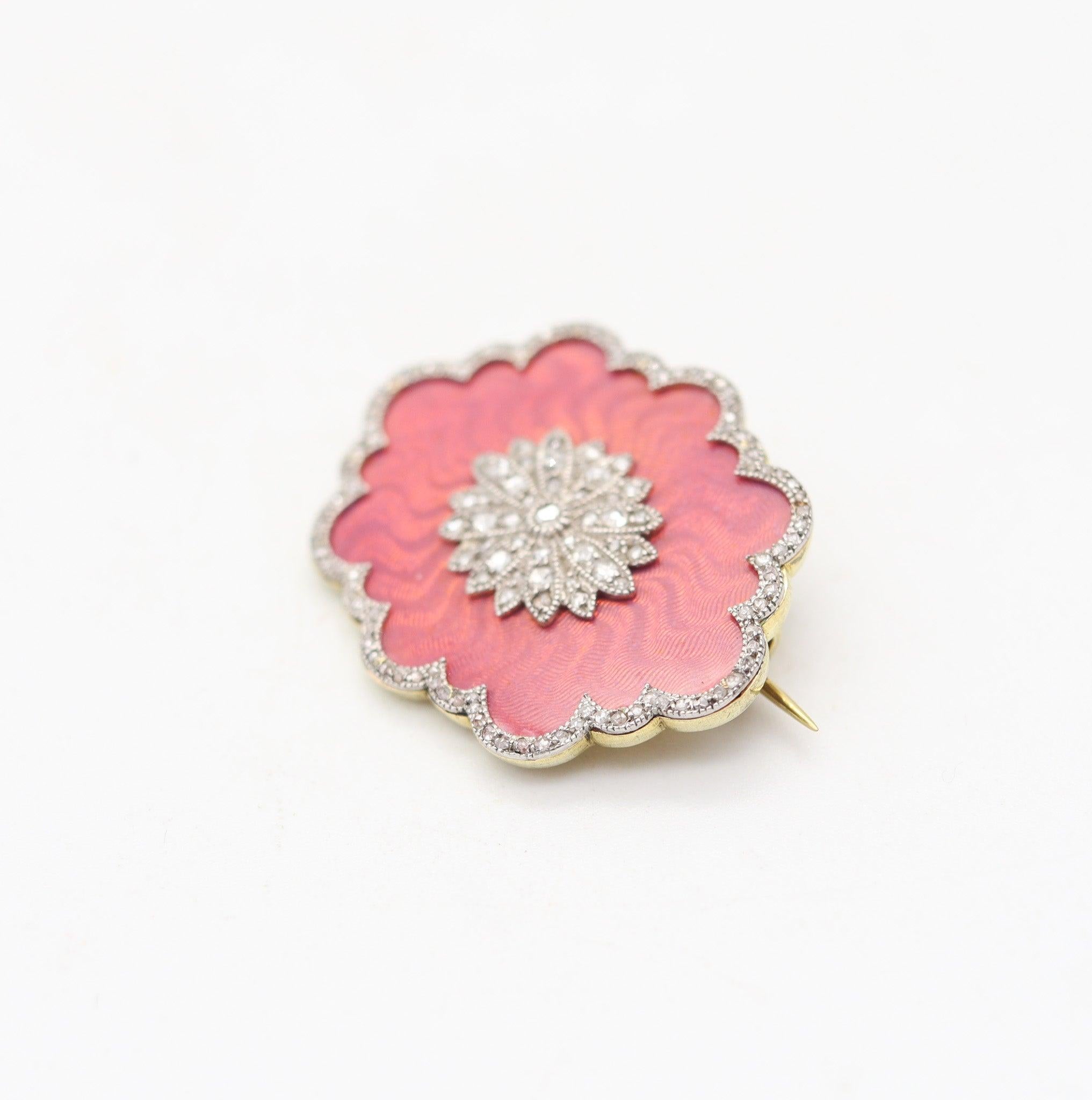 Rose Cut FABERGE by Knut Oskar Pihl 1895 Enameled Pink Guilloche Brooch In Gold & Diamond For Sale