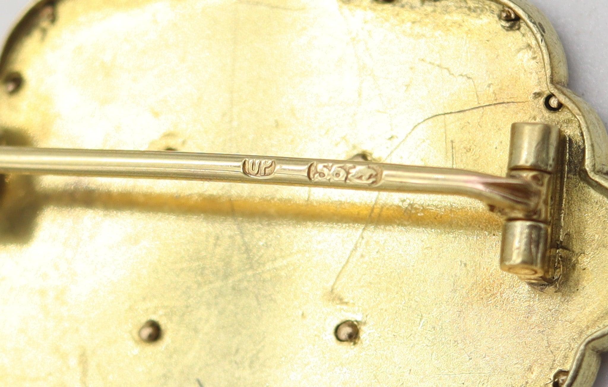 Women's or Men's FABERGE by Knut Oskar Pihl 1895 Enameled Pink Guilloche Brooch In Gold & Diamond For Sale