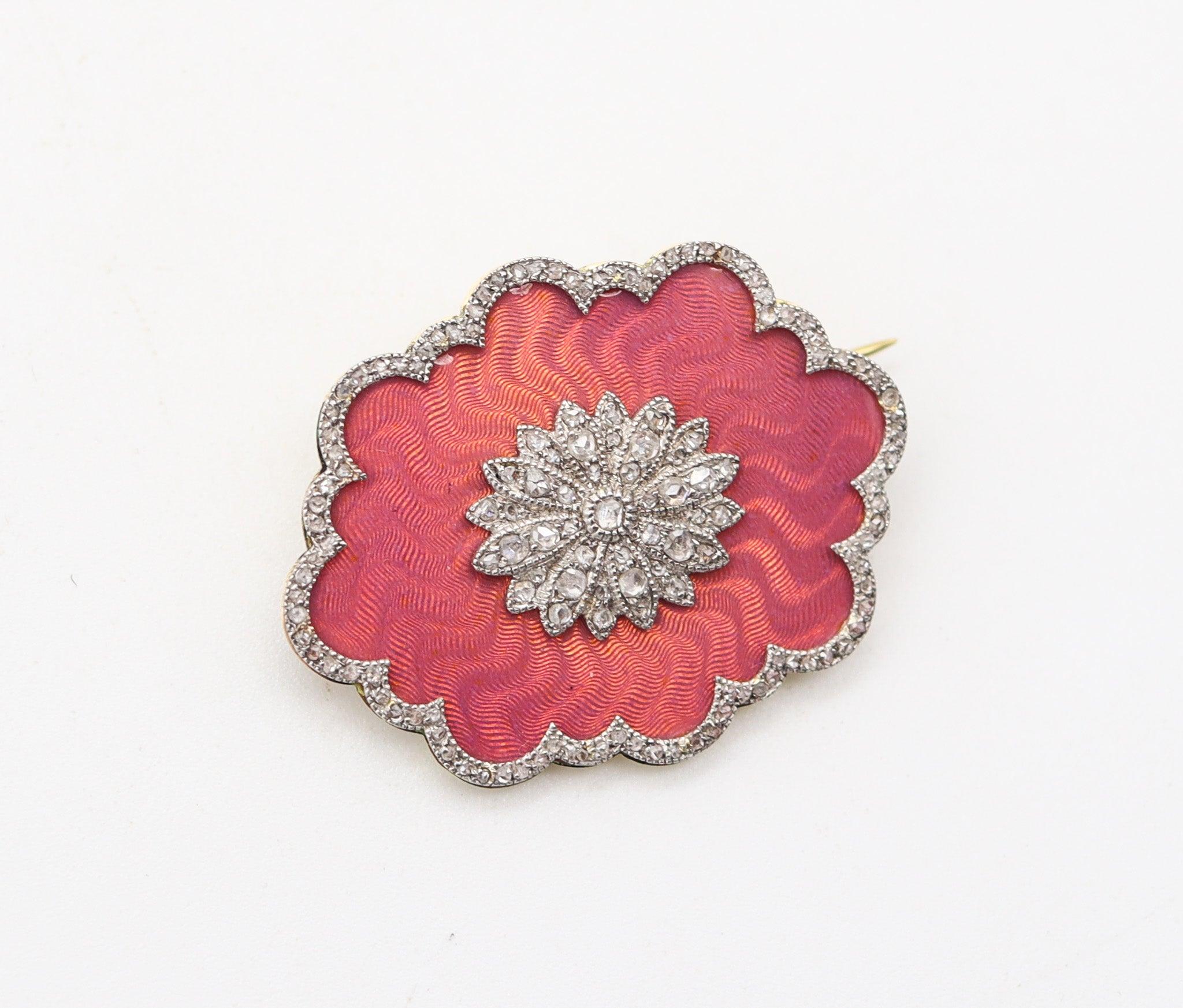 FABERGE by Knut Oskar Pihl 1895 Enameled Pink Guilloche Brooch In Gold & Diamond For Sale 1
