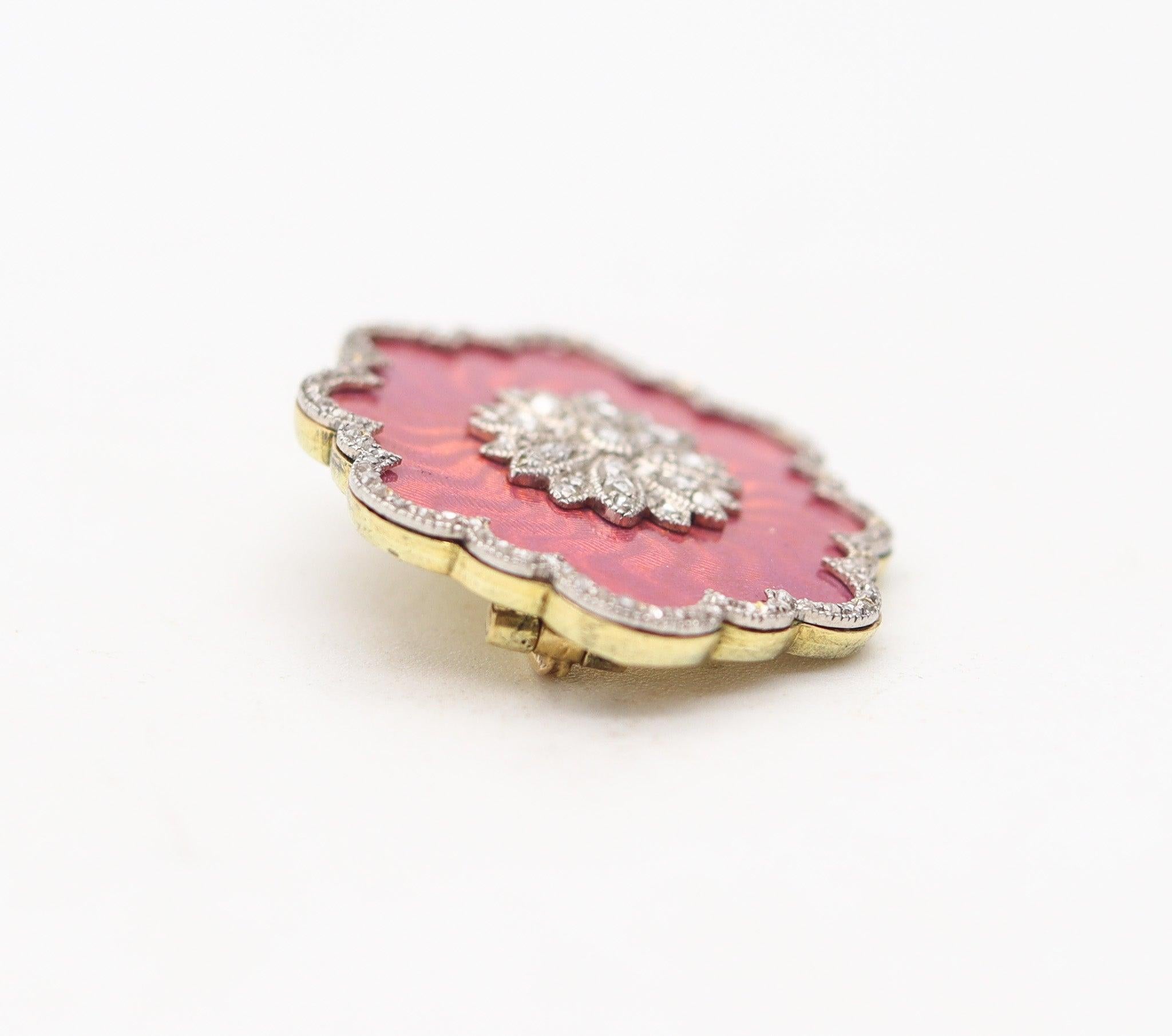 FABERGE by Knut Oskar Pihl 1895 Enameled Pink Guilloche Brooch In Gold & Diamond For Sale 2