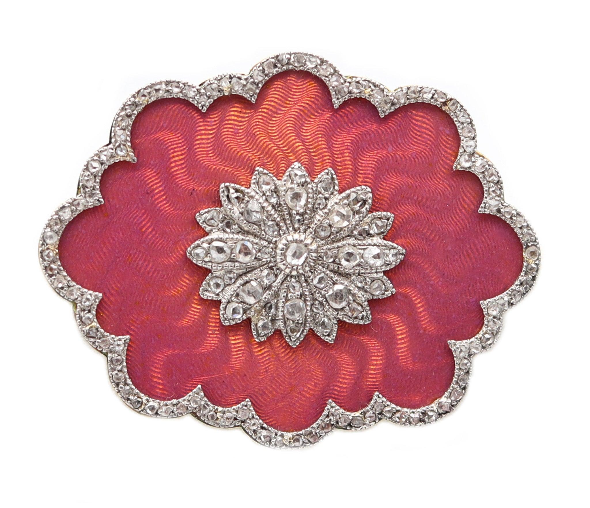 FABERGE by Knut Oskar Pihl 1895 Enameled Pink Guilloche Brooch In Gold & Diamond For Sale
