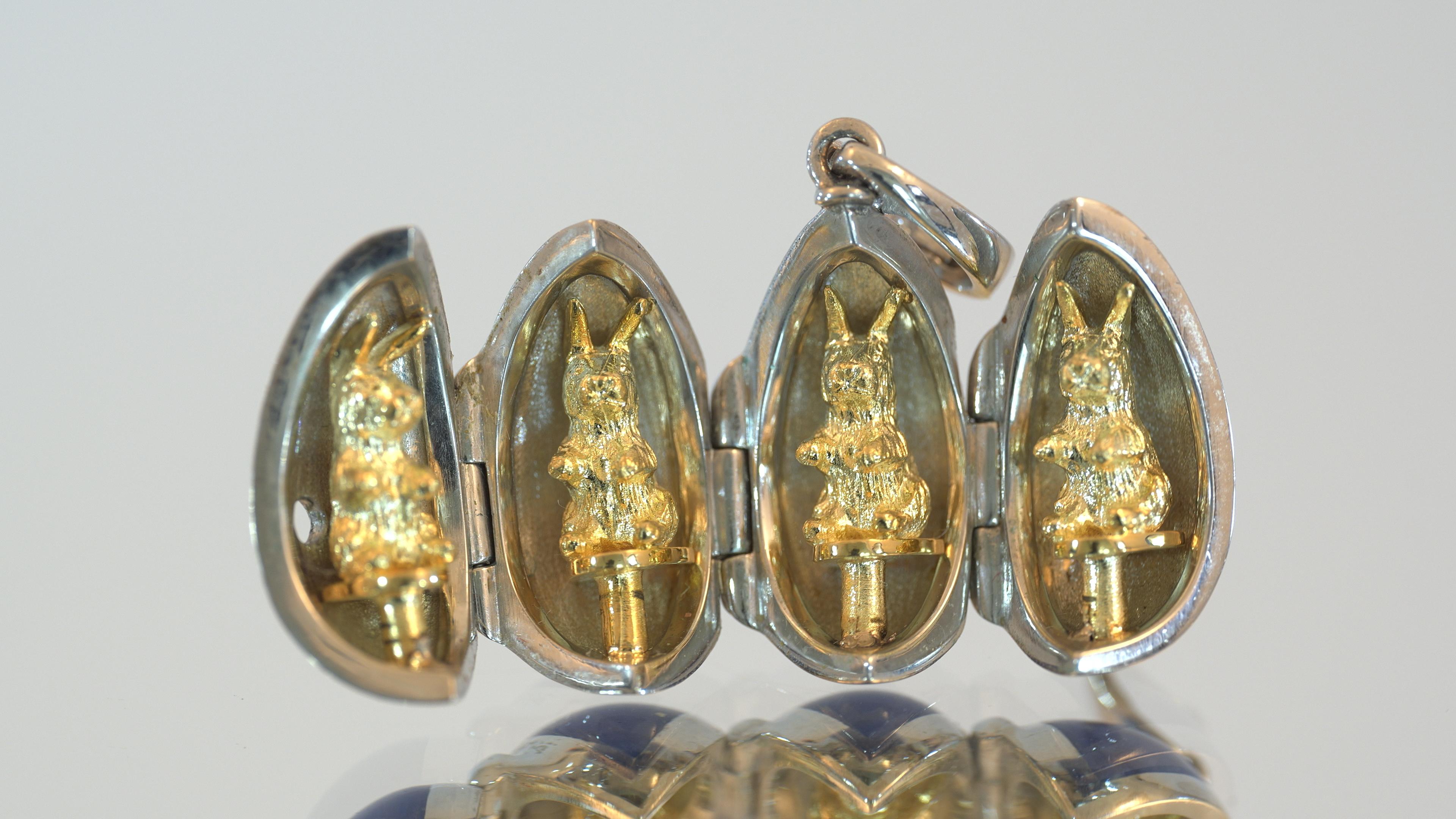 Fabergé Chicken-Egg, White Gold, Medium Blue Enamel, 1.582 Diamonds, Ruby, Pearl For Sale 12