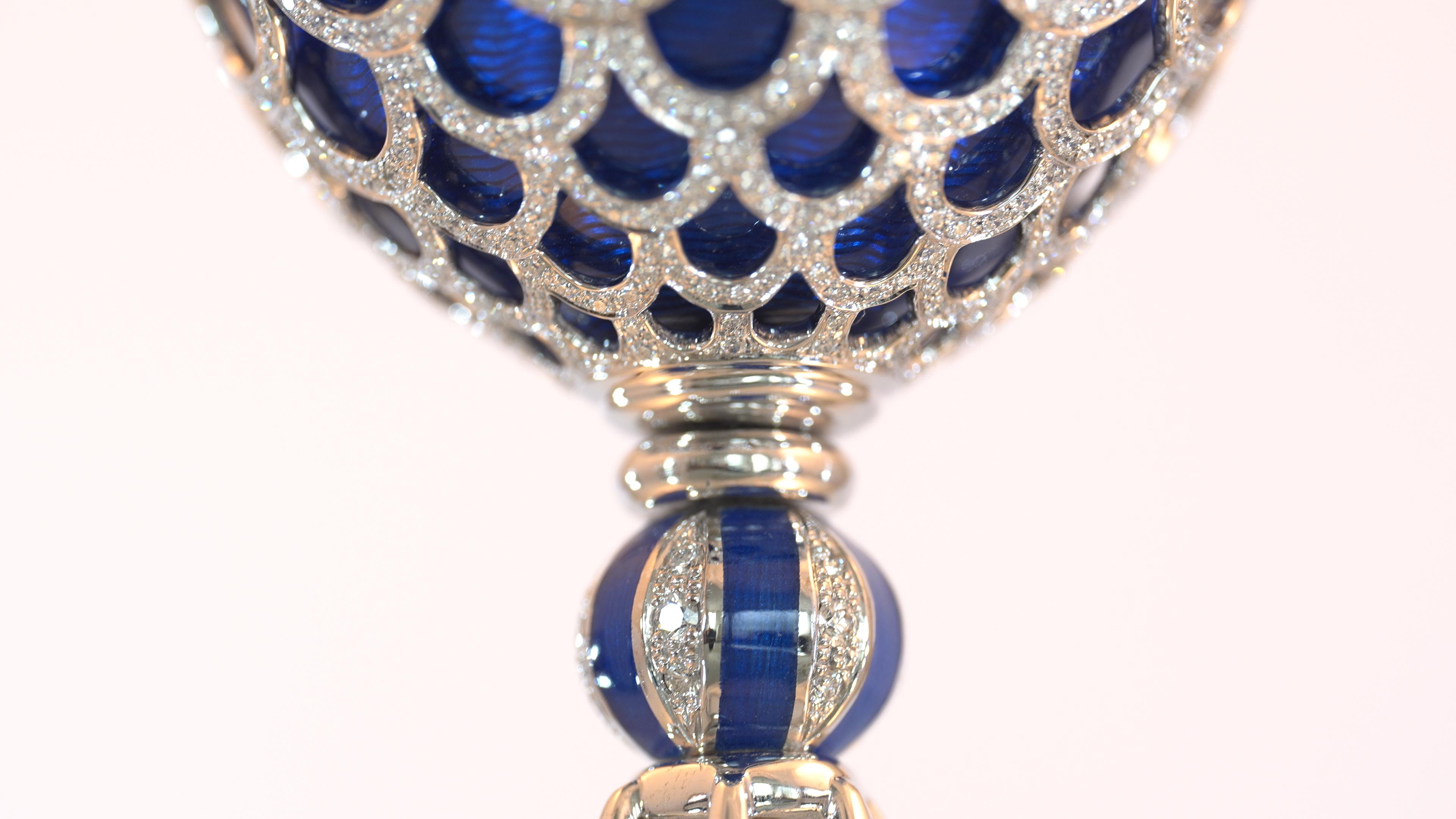 Belle Époque Fabergé Chicken-Egg, White Gold, Medium Blue Enamel, 1.582 Diamonds, Ruby, Pearl For Sale