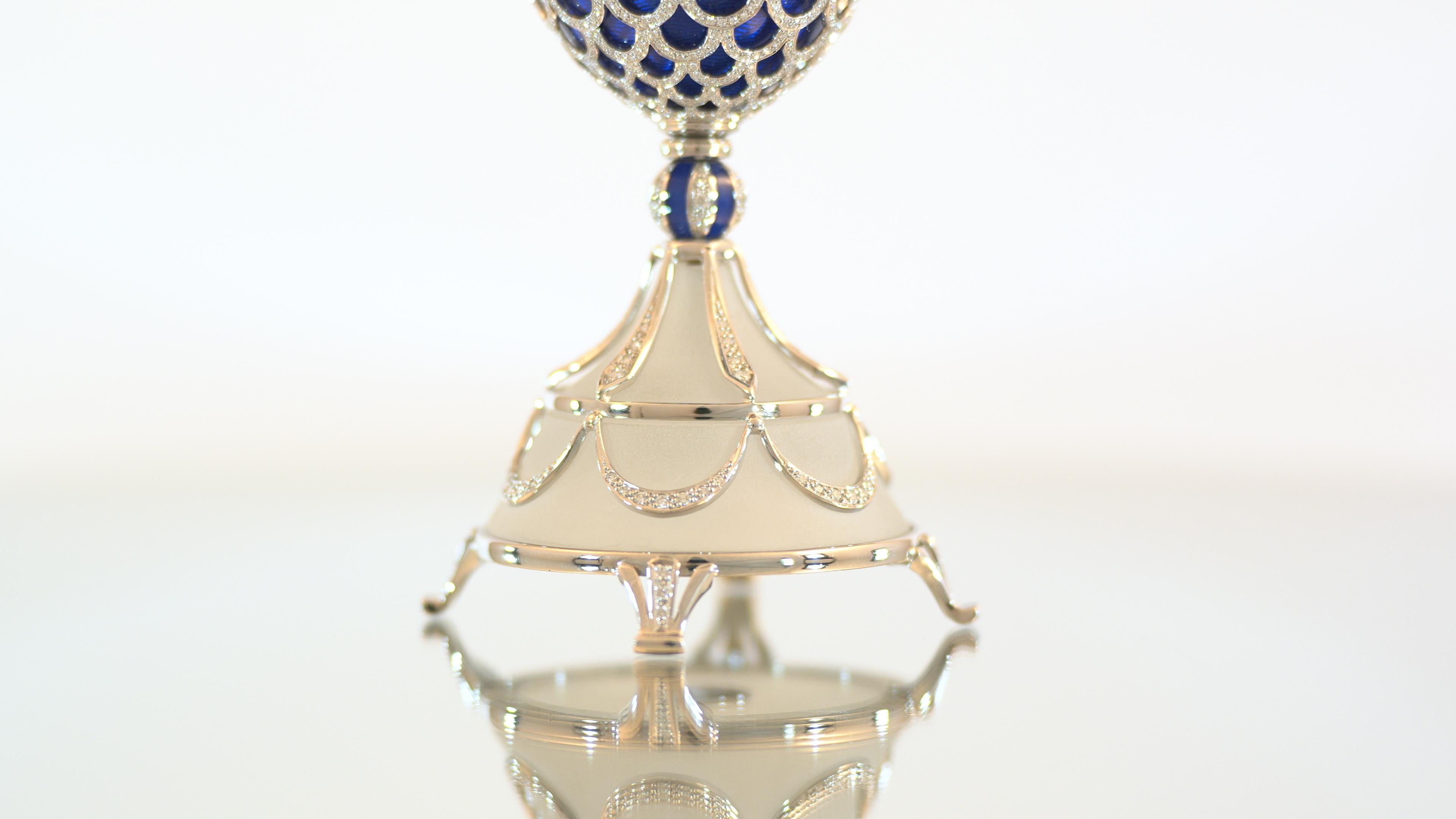 Brilliant Cut Fabergé Chicken-Egg, White Gold, Medium Blue Enamel, 1.582 Diamonds, Ruby, Pearl For Sale