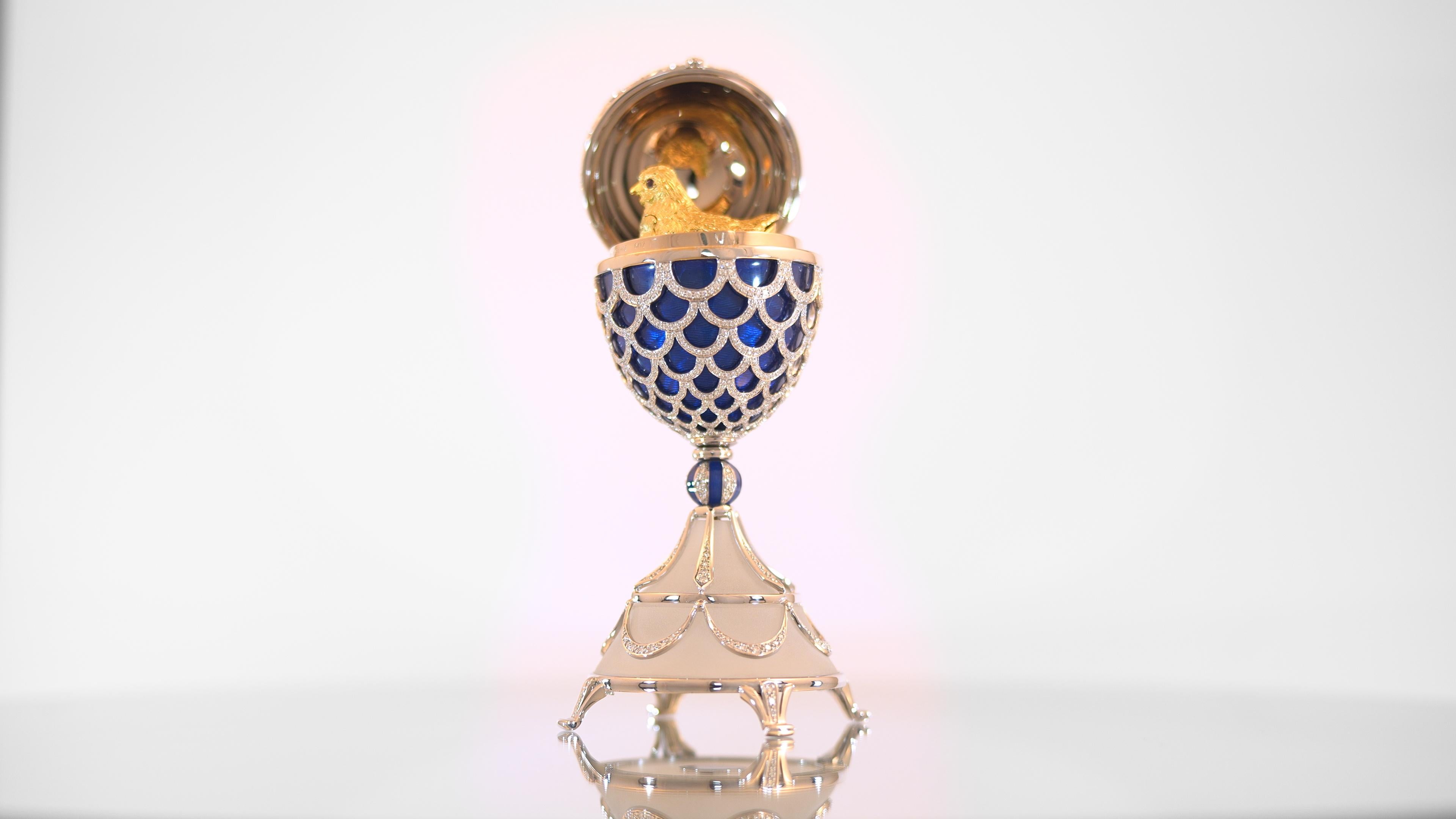 Women's or Men's Fabergé Chicken-Egg, White Gold, Medium Blue Enamel, 1.582 Diamonds, Ruby, Pearl For Sale