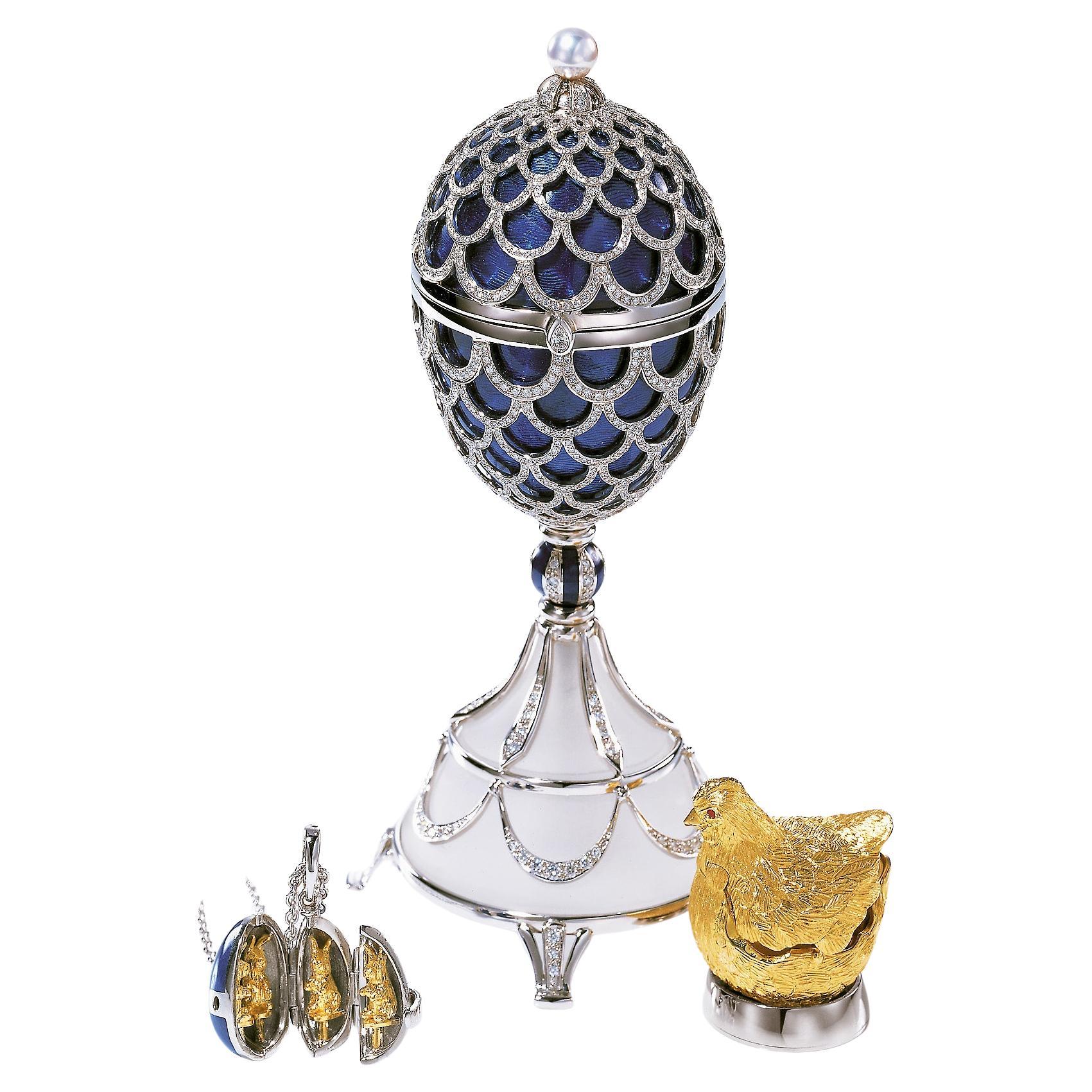 Fabergé Chicken-Egg, White Gold, Medium Blue Enamel, 1.582 Diamonds, Ruby, Pearl For Sale