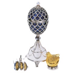 Fabergé Chicken-Egg, White Gold, Medium Blue Enamel, 1.582 Diamonds, Ruby, Pearl