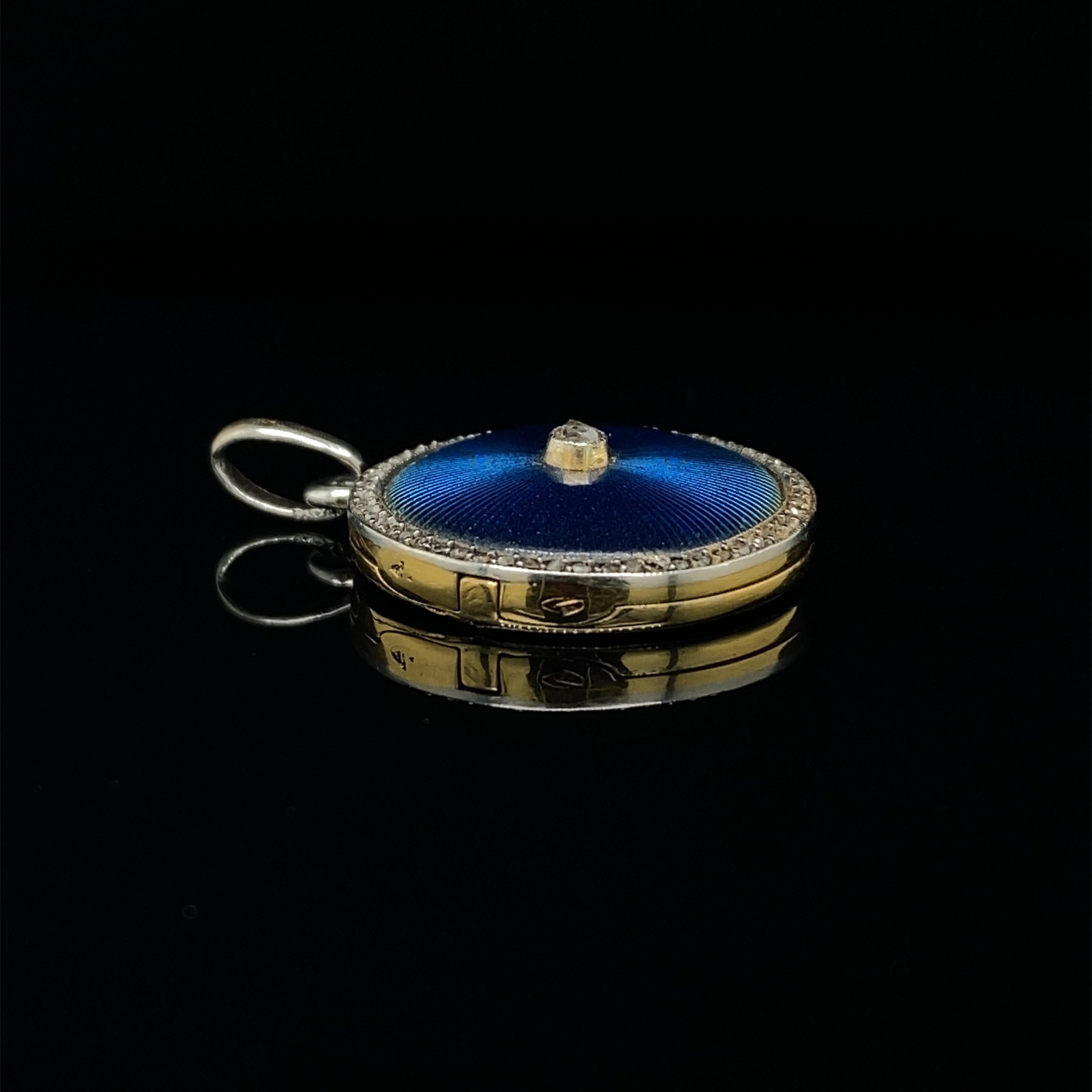 Rose Cut Faberge Circular Enamel Diamond Set Locket 18 Karat Yellow Gold, Circa 1900. For Sale