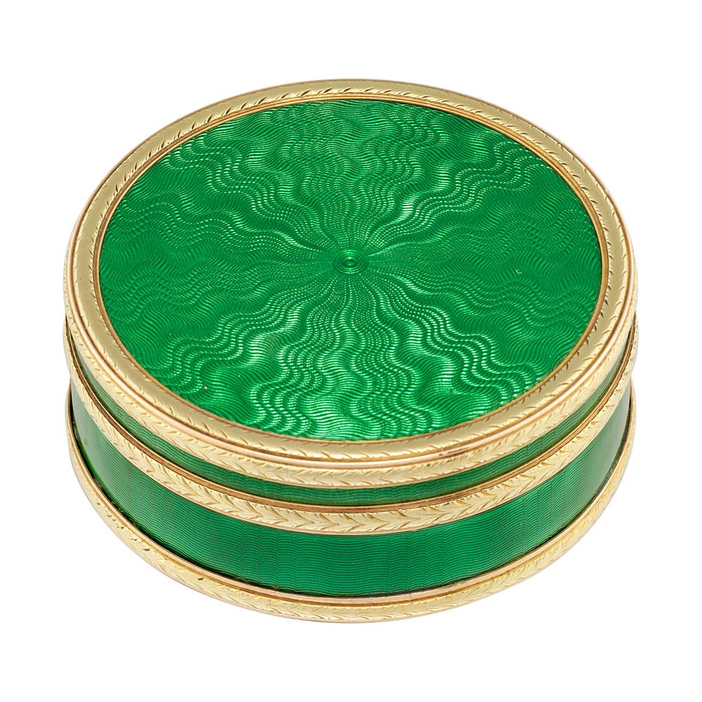 Faberge Rundschreiben Grünes Email Silber-Vergoldetes Pillendöschen (Viktorianisch) im Angebot
