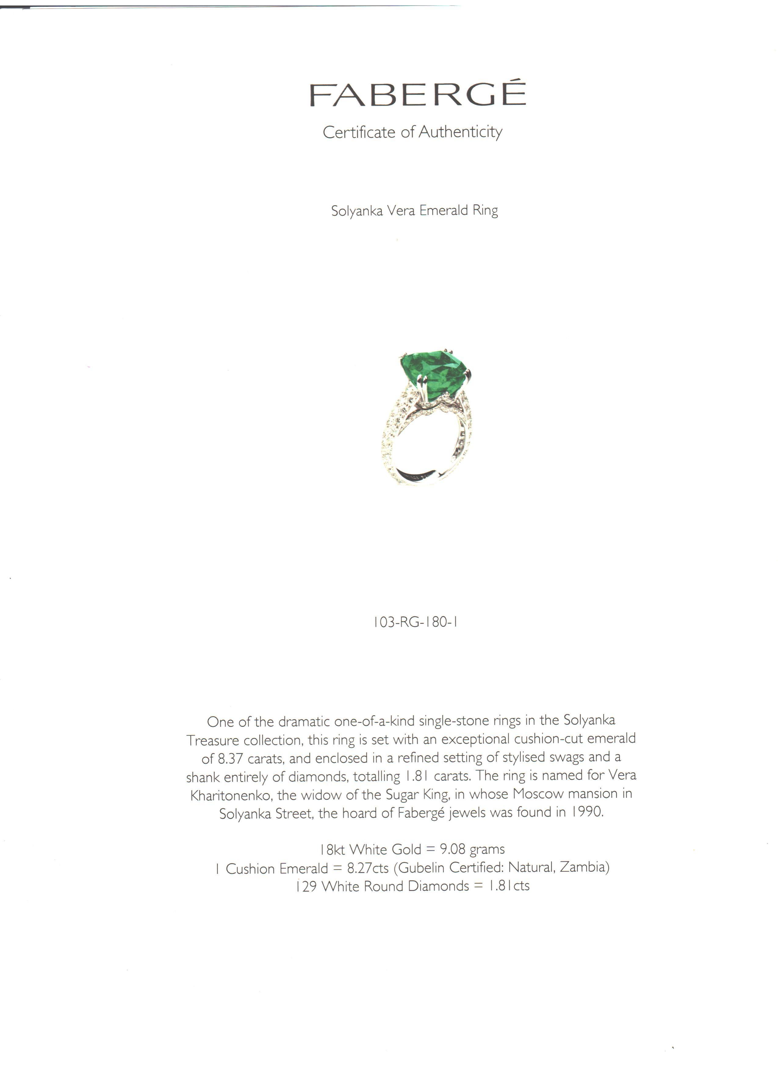 Fabergé Collection Three Colors of Love Gubelin Cert 8.27 Carat Emerald  Ring In New Condition For Sale In Montreux, CH