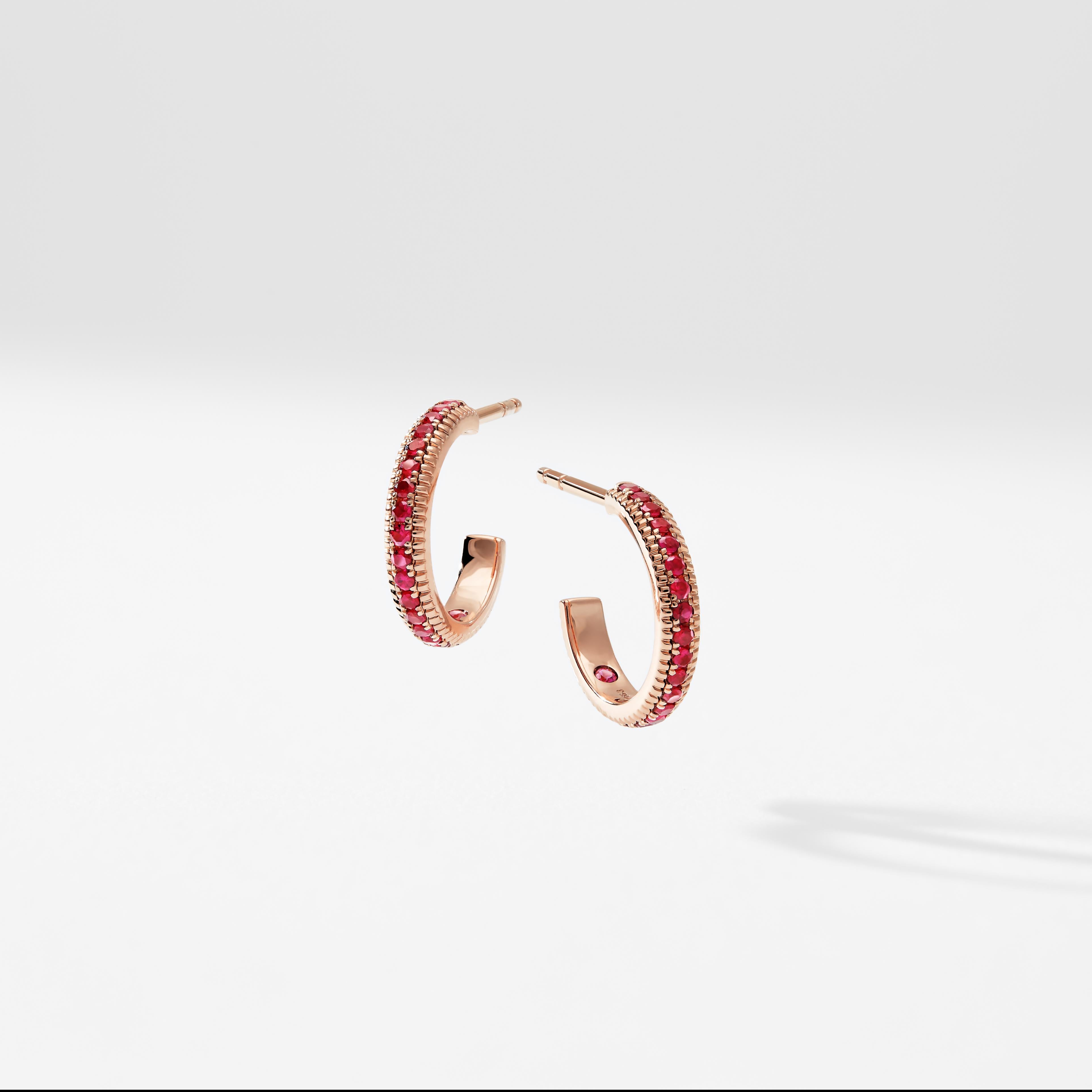 Round Cut Fabergé Colours of Love Rose Gold & Ruby Fluted Hoop Earrings For Sale