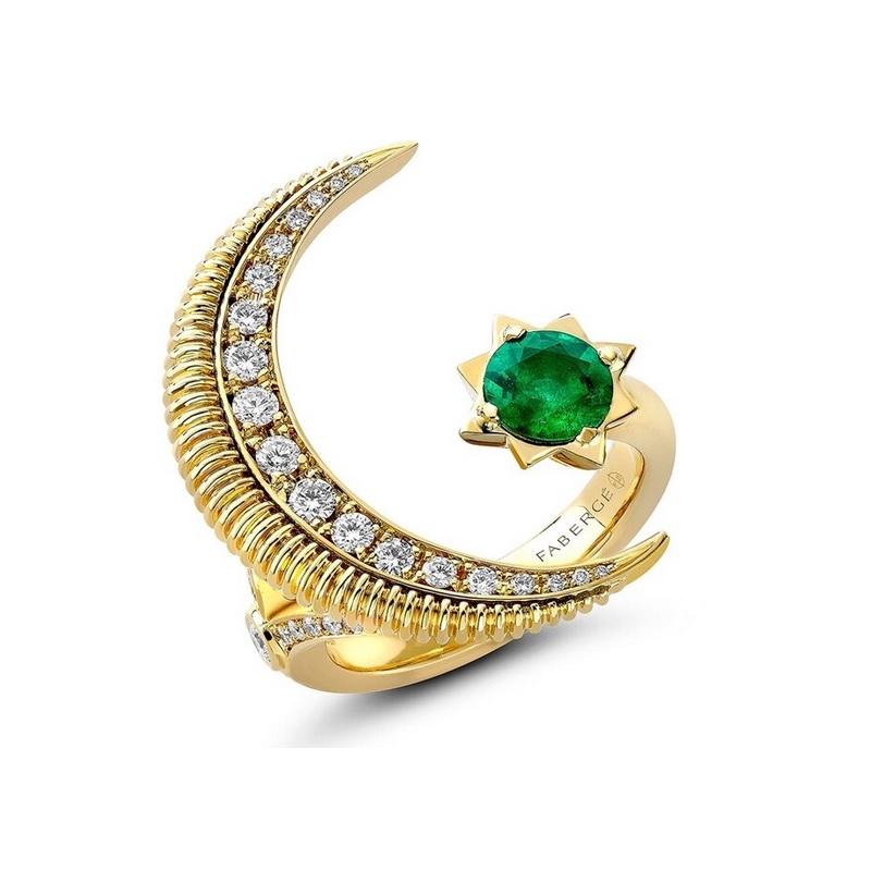 Round Cut Fabergé Colours of Love Yellow Gold Emerald & Diamond Crescent Ring 1374RG2487