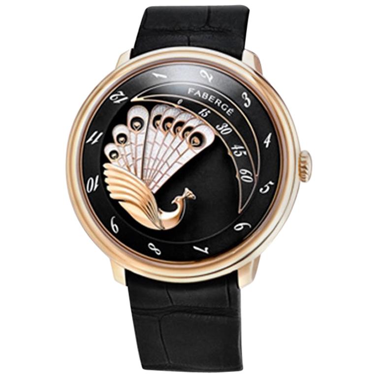 Fabergé Compliquée Black 18 Karat Rose Gold Peacock Watch, US Clients For Sale