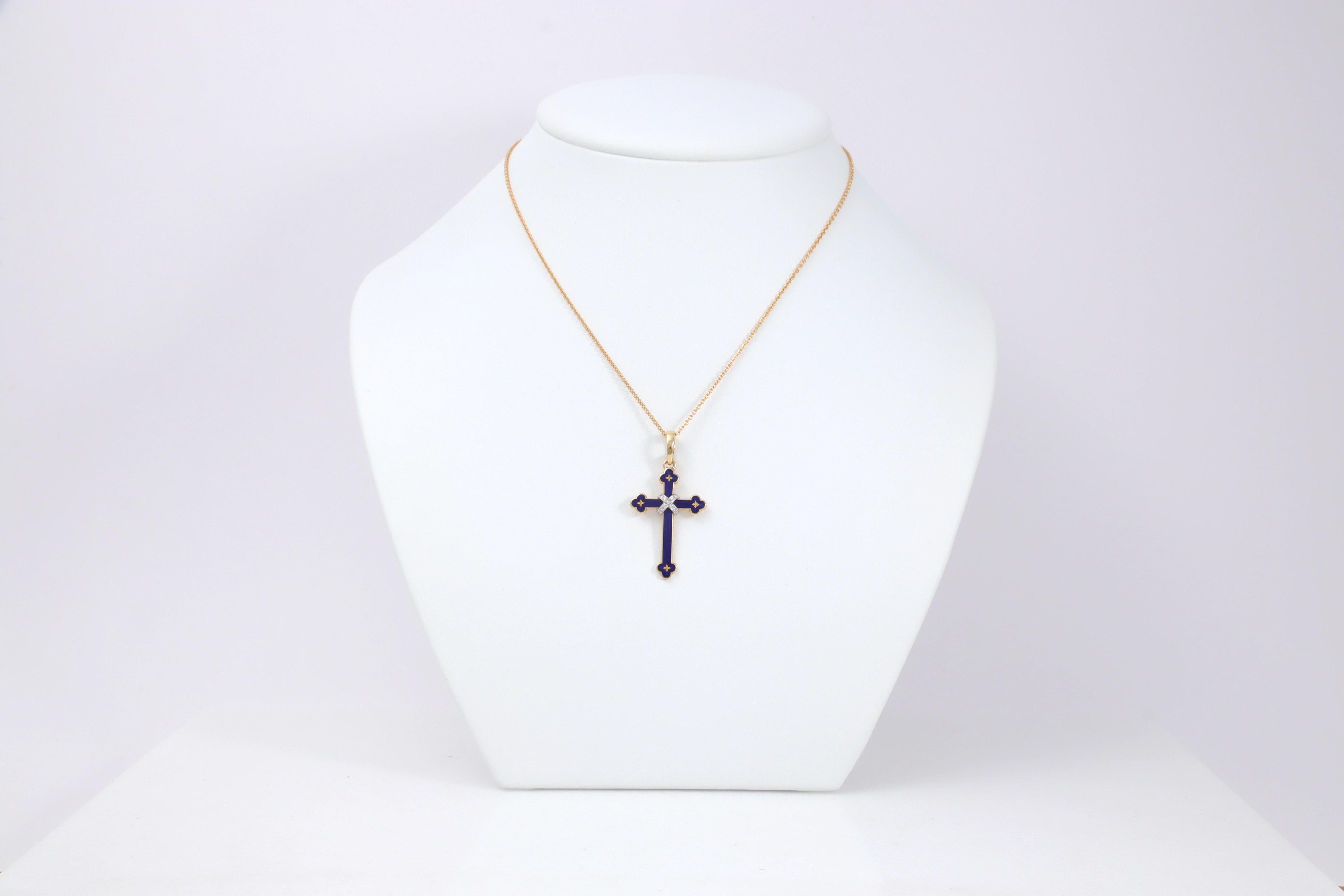 Colgante Cruz Fabergé Oro Amarillo 18k Diamantes Esmalte vítreo azul y paillones 6
