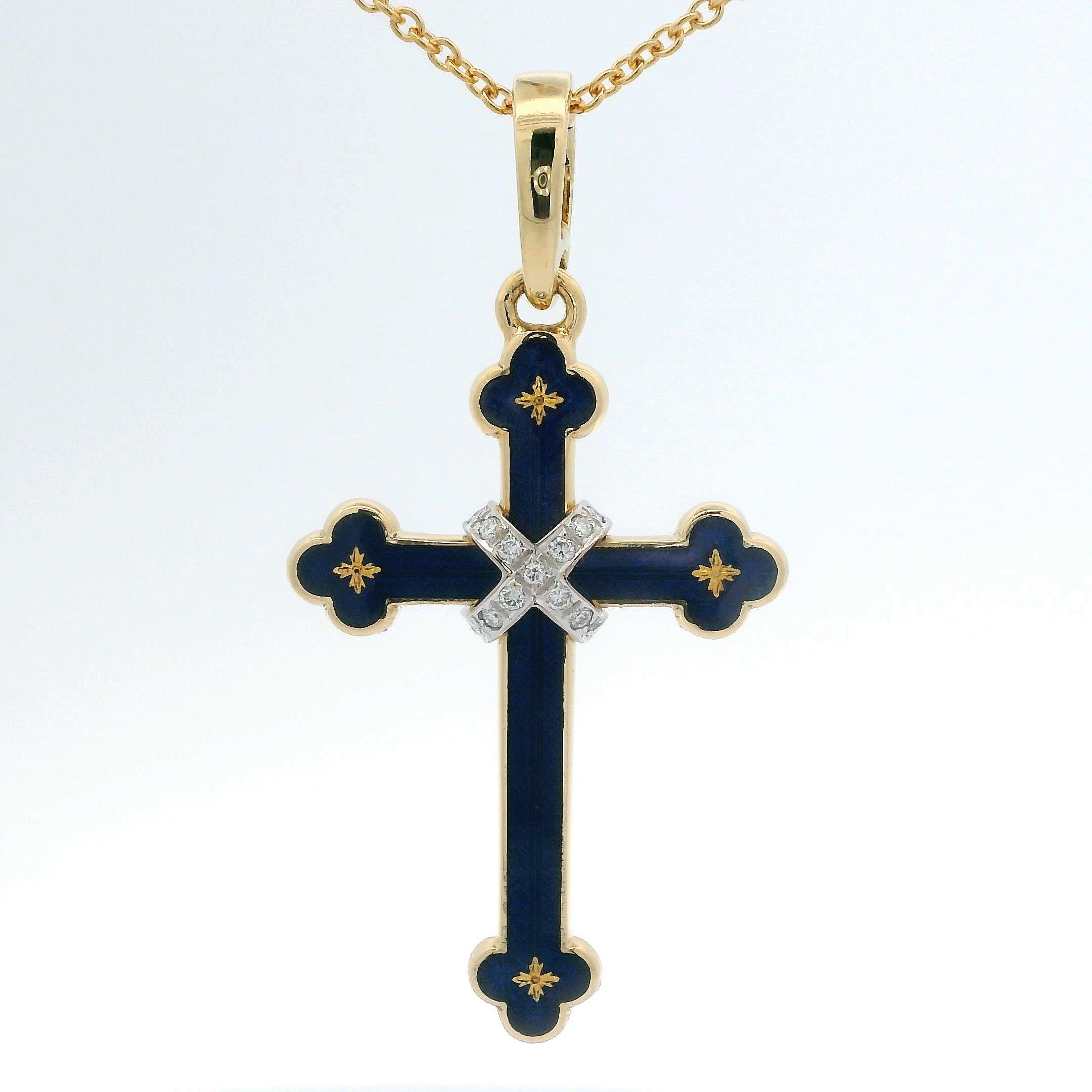 Colgante Cruz Fabergé Oro Amarillo 18k Diamantes Esmalte vítreo azul y paillones en Excelente Estado en Pforzheim, DE