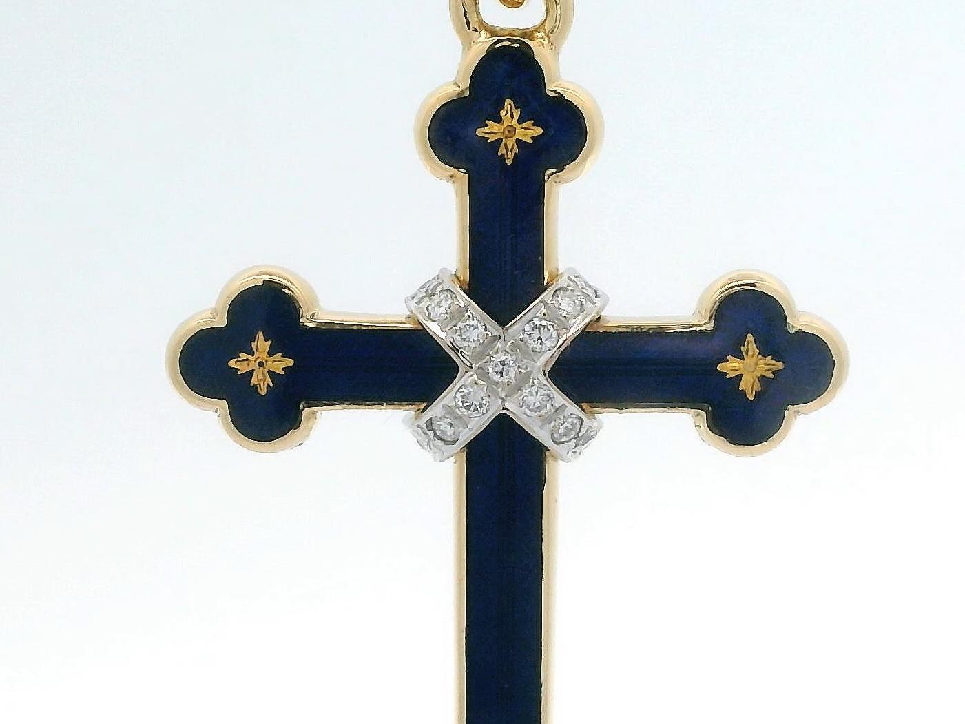 Femenino o masculino Colgante Cruz Fabergé Oro Amarillo 18k Diamantes Esmalte vítreo azul y paillones