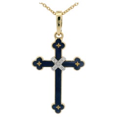 Colgante Cruz Fabergé Oro Amarillo 18k Diamantes Esmalte vítreo azul y paillones