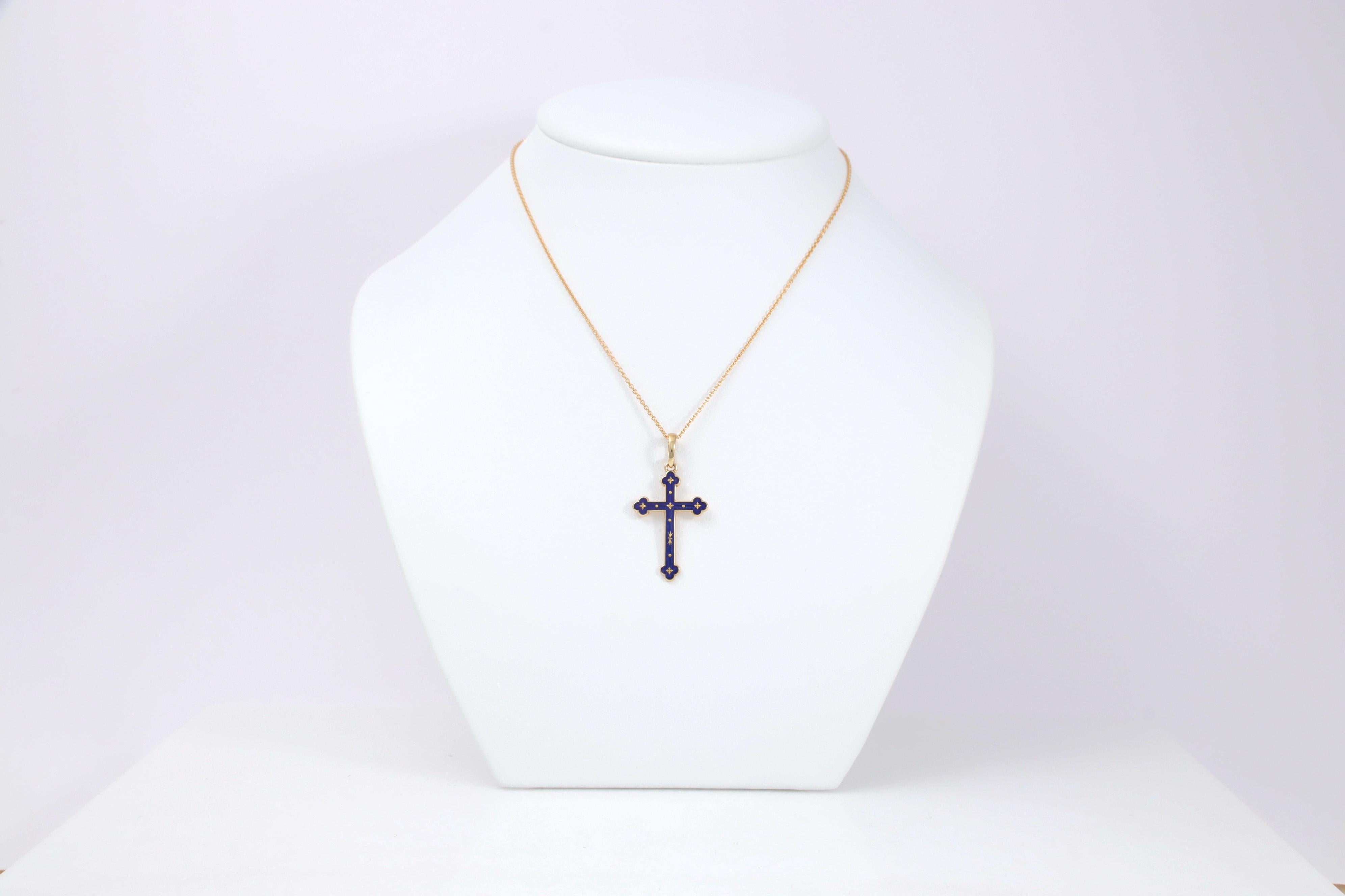 Fabergé Cross Pendant 18k Yellow Gold Royal Blue Vitreous Enamel & 11 Paillons For Sale 6