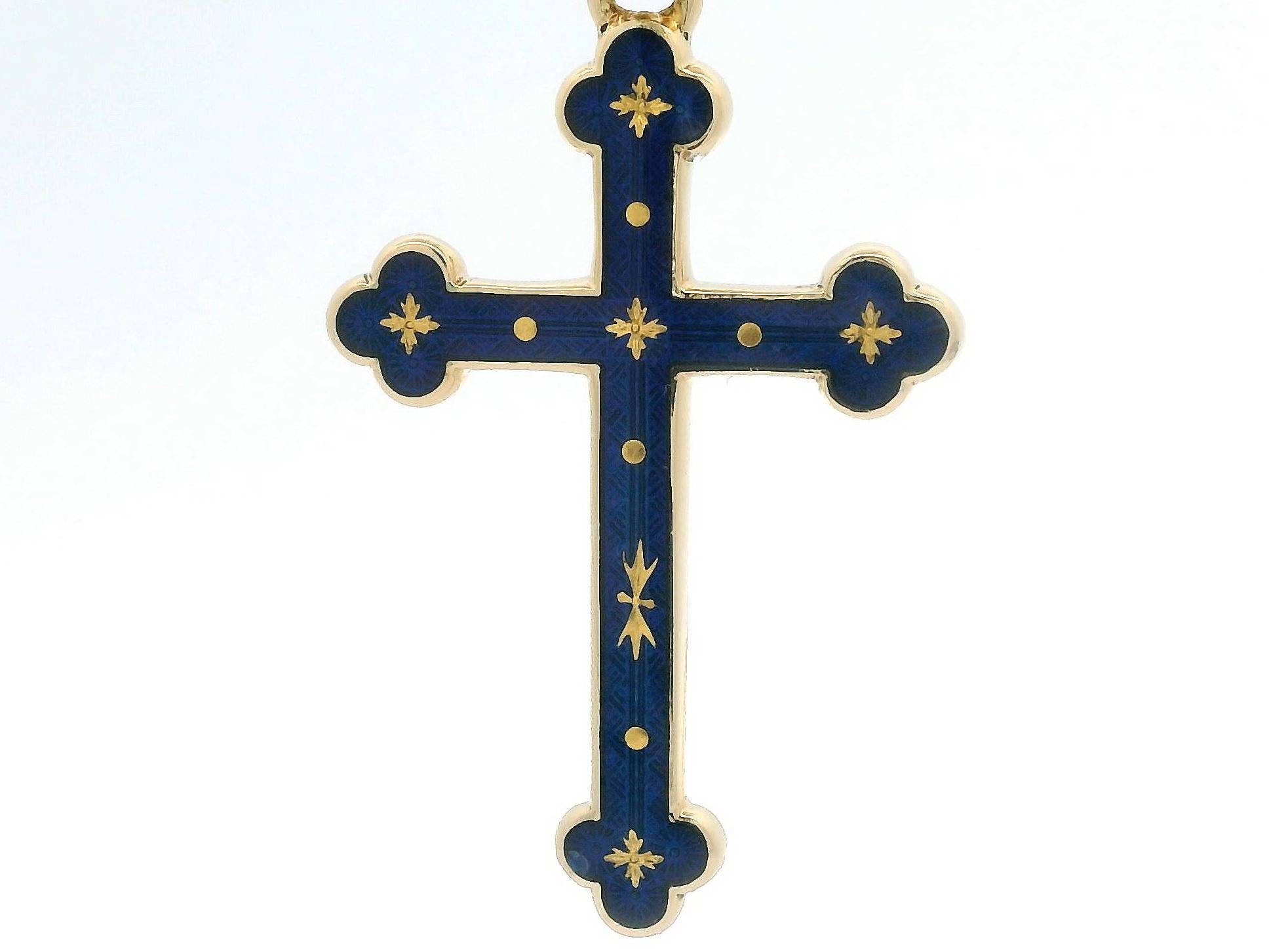 Women's or Men's Fabergé Cross Pendant 18k Yellow Gold Royal Blue Vitreous Enamel & 11 Paillons For Sale