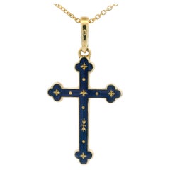 Fabergé Cross Pendant 18k Yellow Gold Royal Blue Vitreous Enamel & 11 Paillons