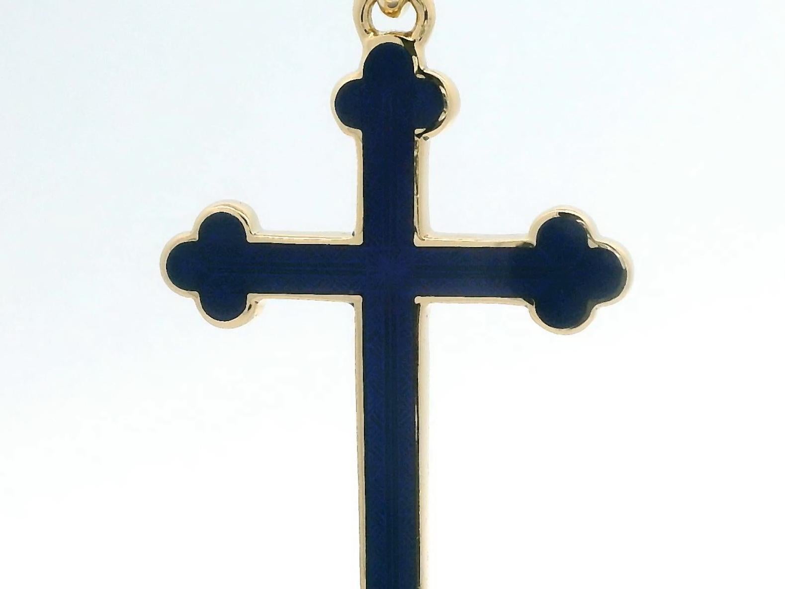 Fabergé Pendentif Croix Or Jaune 18K Bleu Royal Émail Vitreux Enhancer Bale Unisexe en vente