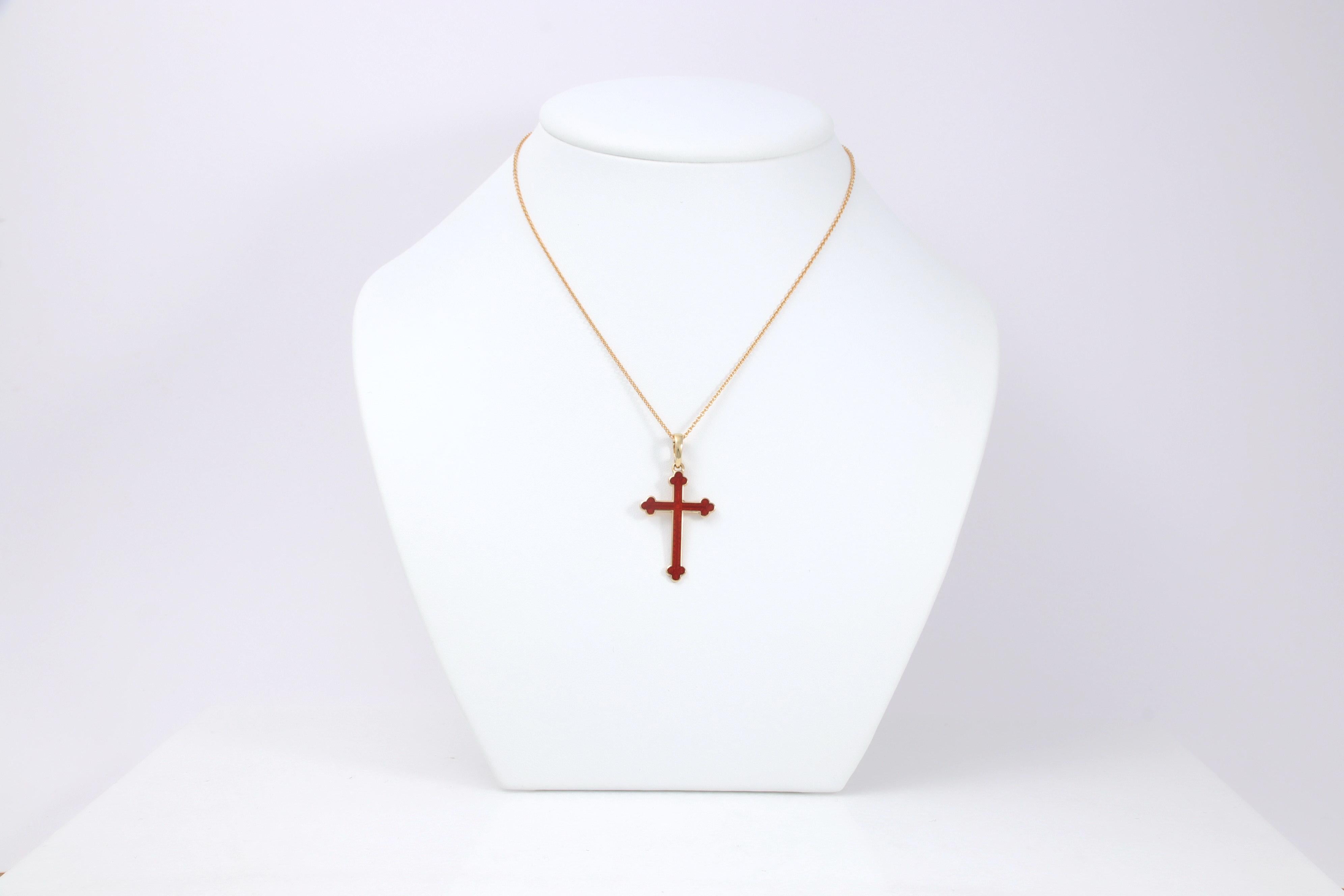 Fabergé Cross Pendant 18K Yellow Gold Vivid Red Vitreous Enamel Enhancer Bale 6