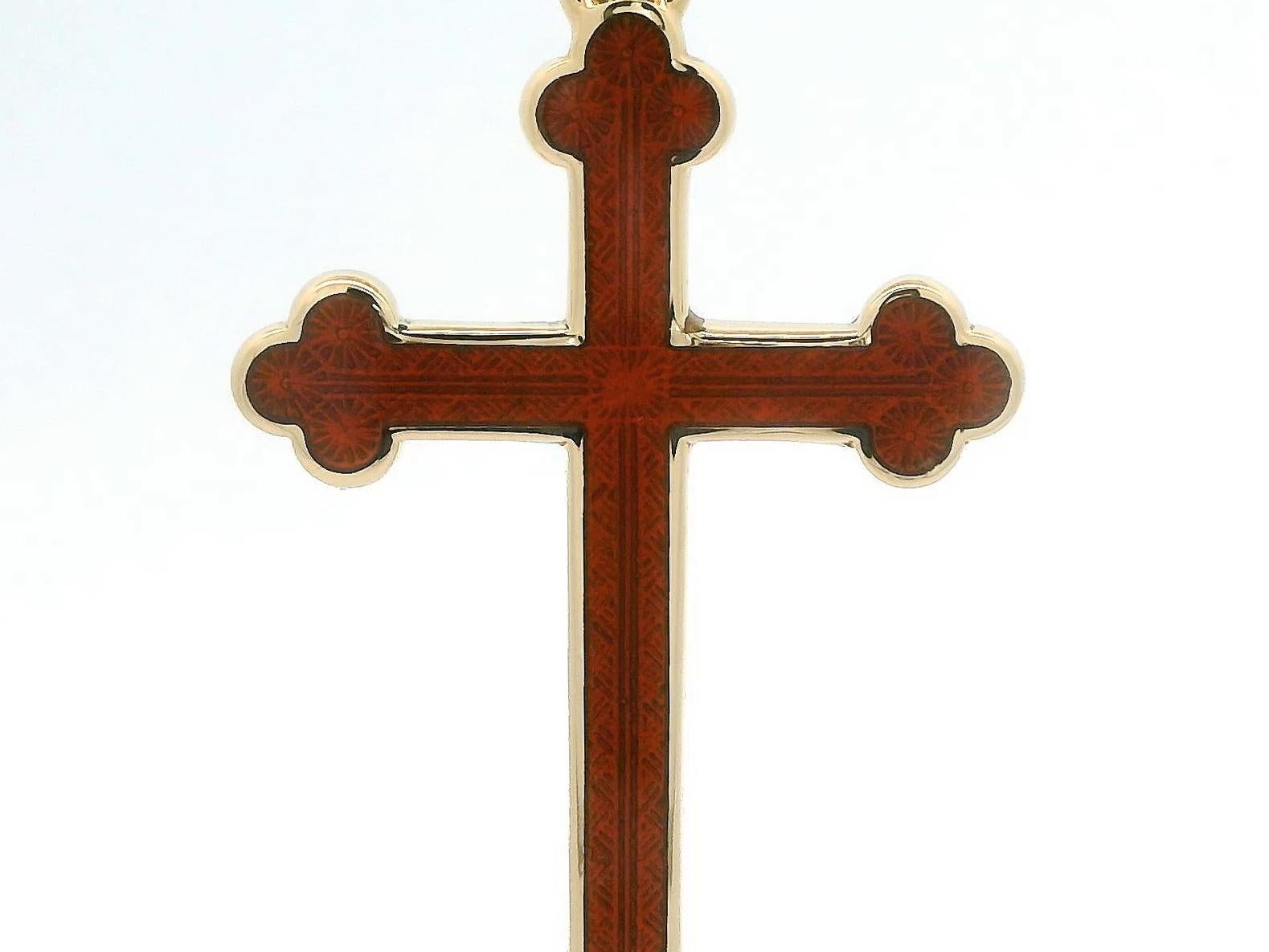 Women's or Men's Fabergé Cross Pendant 18K Yellow Gold Vivid Red Vitreous Enamel Enhancer Bale