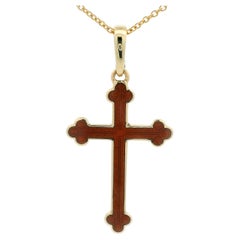 Fabergé Cross Pendant 18K Yellow Gold Vivid Red Vitreous Enamel Enhancer Bale