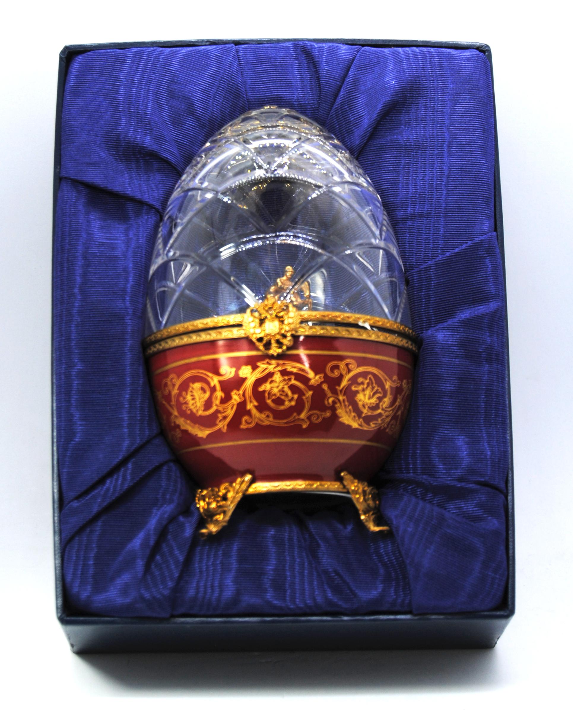 Russian Empire Modern Faberge Crystal Egg Sterling Silver Gold-Plated with Riding Jumper