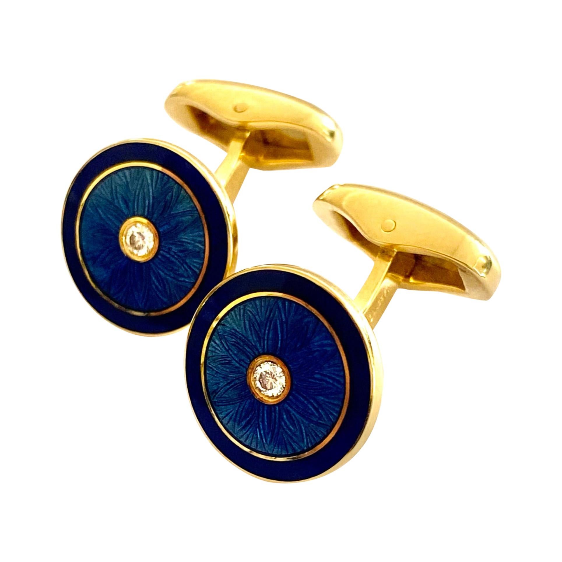 Fabergé Cufflinks, Blue Enamel and Each a Brilliant Cut Diamond, New, ca 2010