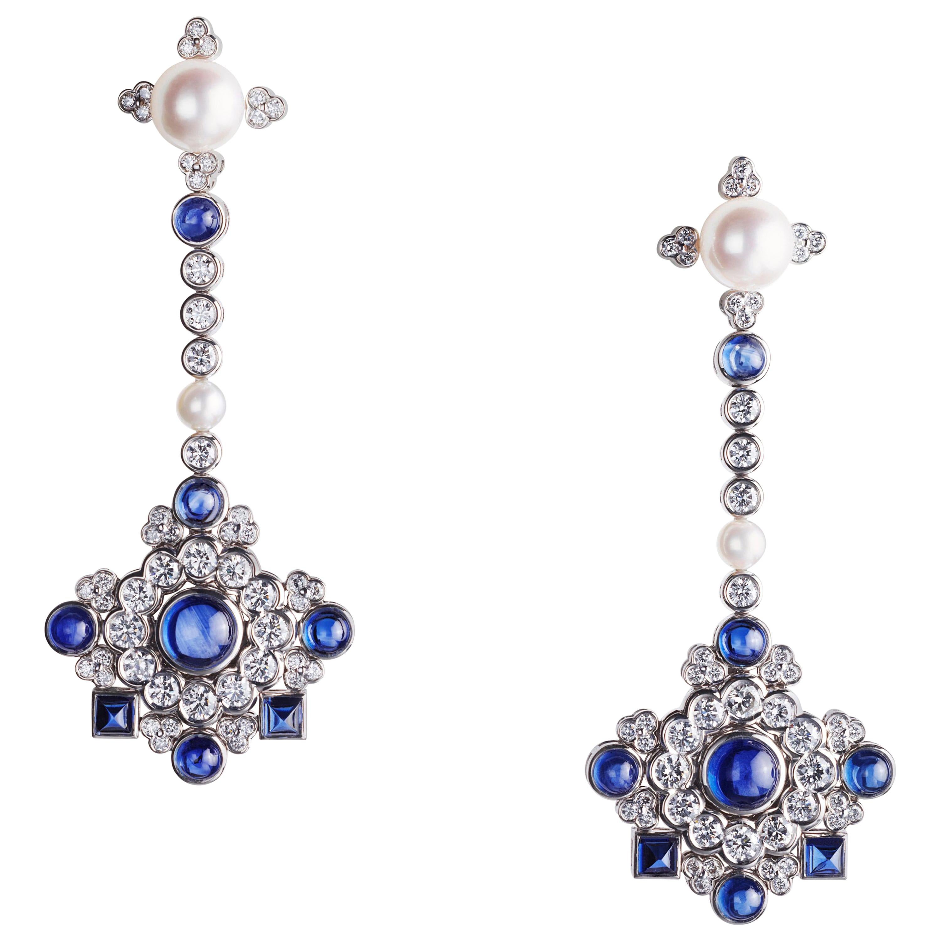 Fabergé Dentelle de Perles White Diamonds & Cabochon Blue Sapphire Stud Earrings