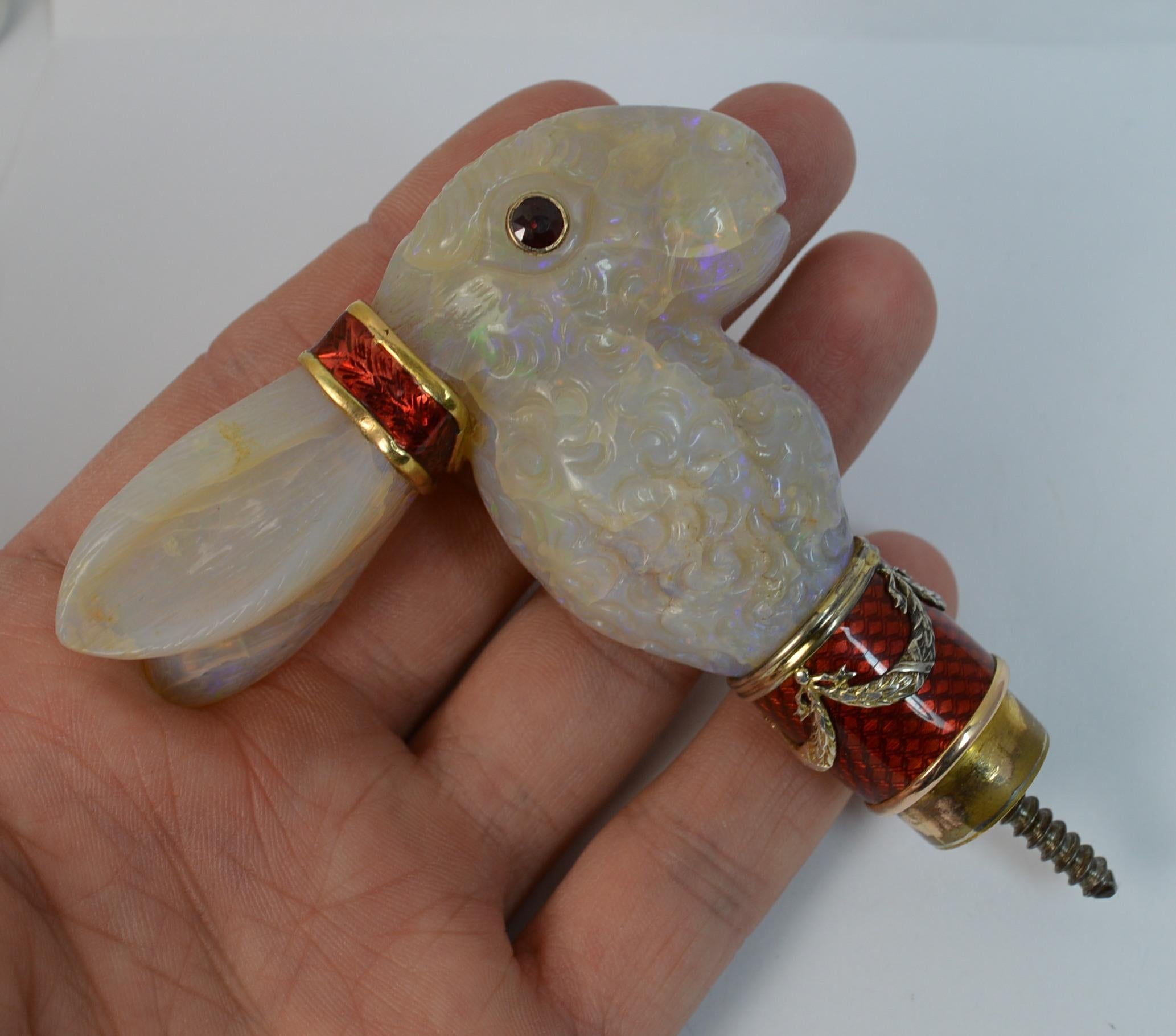 Faberge Designer Opal Enamel and Garnet Rabbit Walking Cane / Handle 2