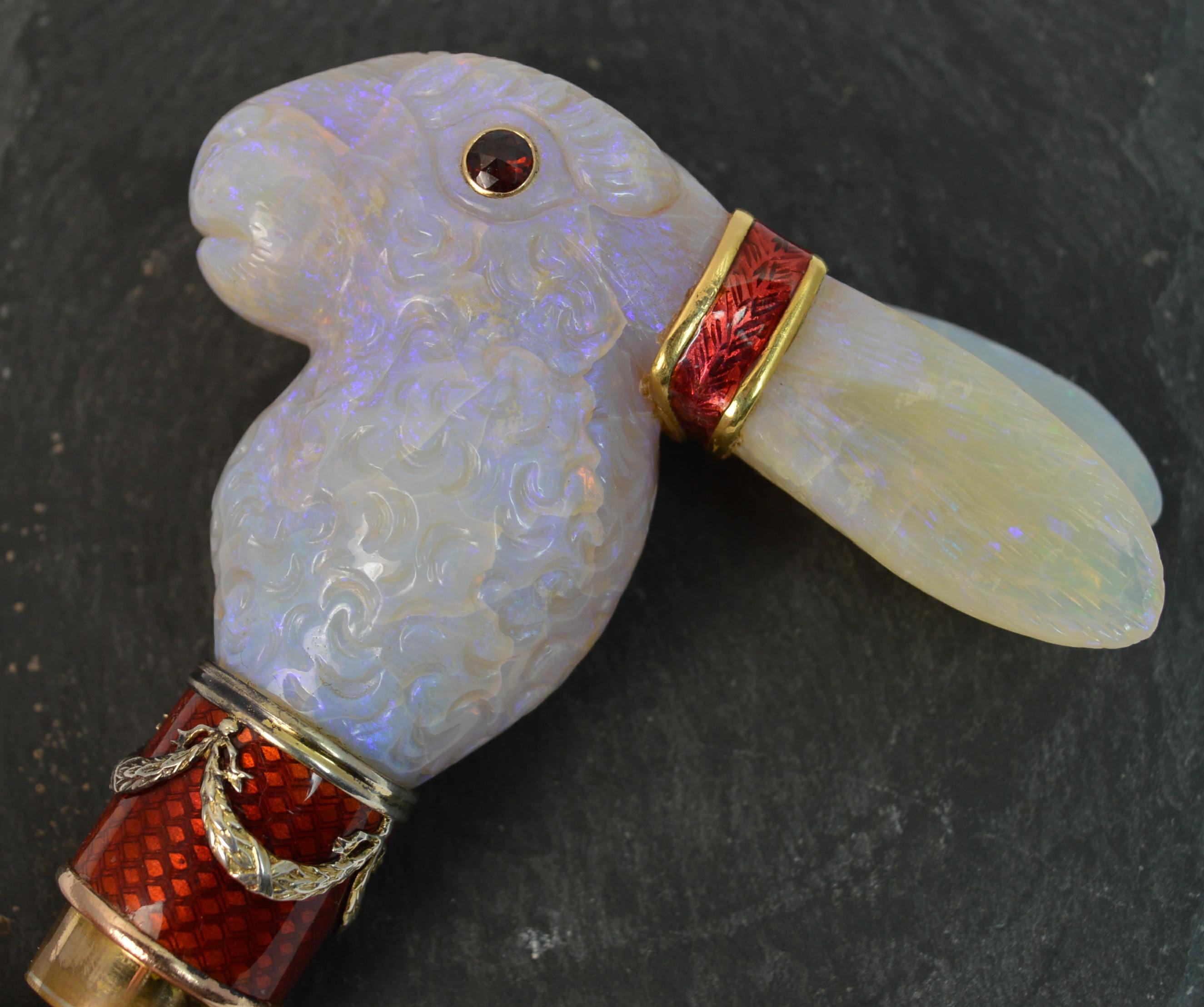 Faberge Designer Opal Enamel and Garnet Rabbit Walking Cane / Handle 8