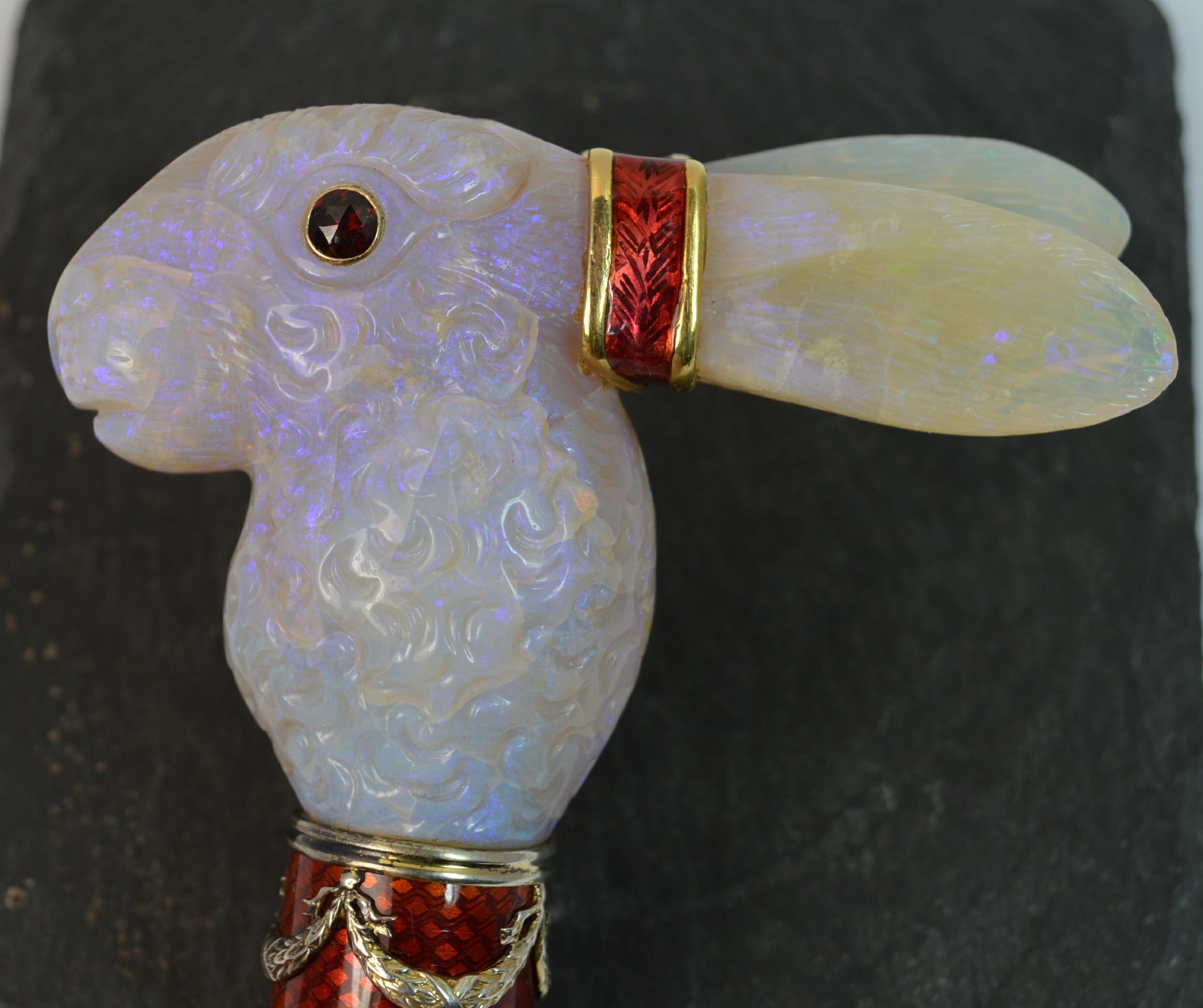 Faberge Designer Opal Enamel and Garnet Rabbit Walking Cane / Handle 9