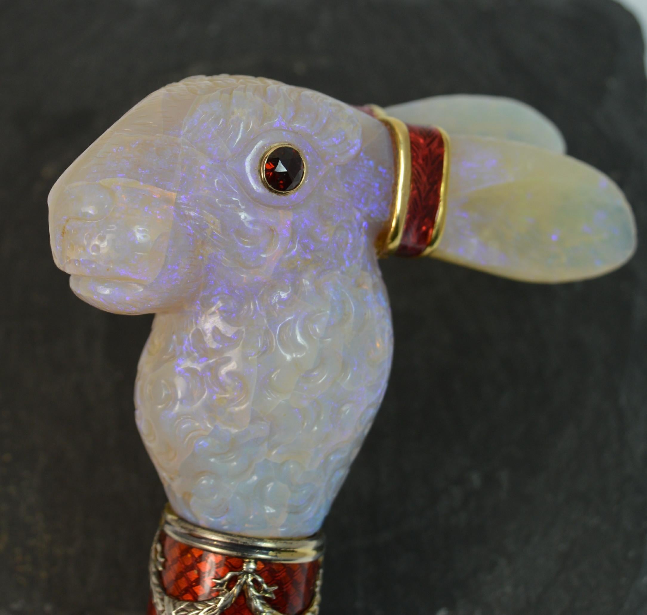 Faberge Designer Opal Enamel and Garnet Rabbit Walking Cane / Handle 10