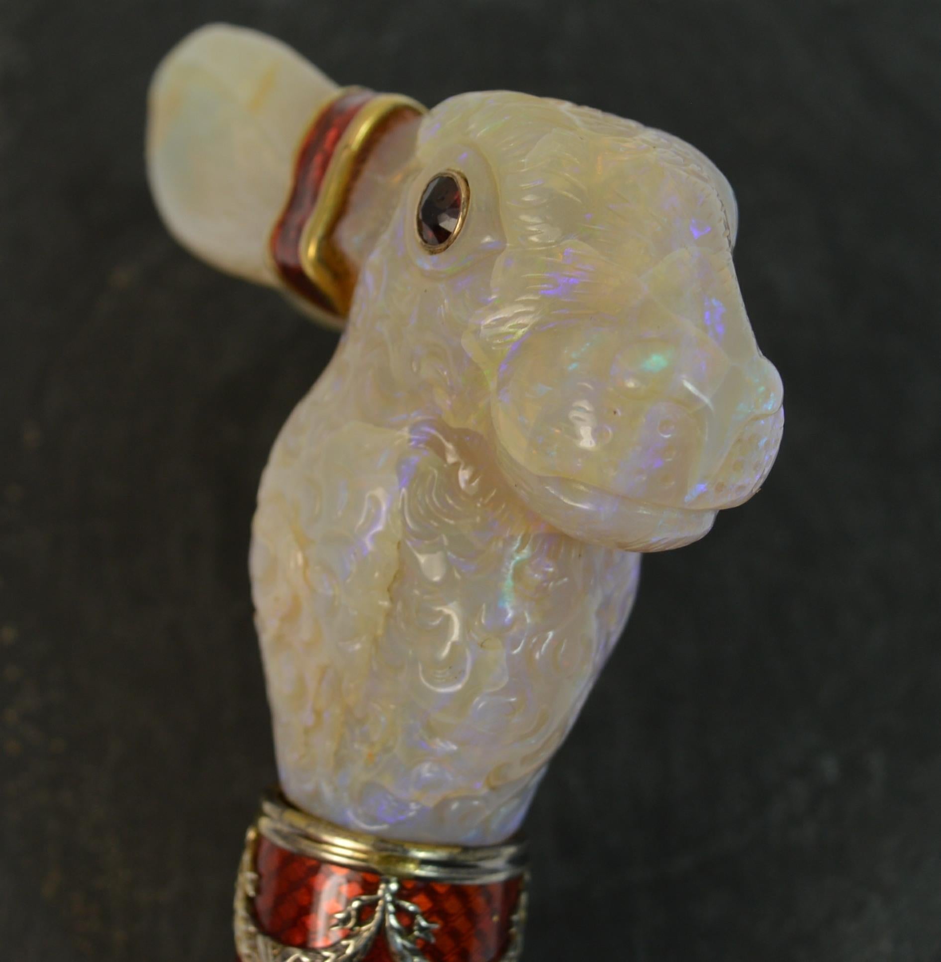 Faberge Designer Opal Enamel and Garnet Rabbit Walking Cane / Handle 12