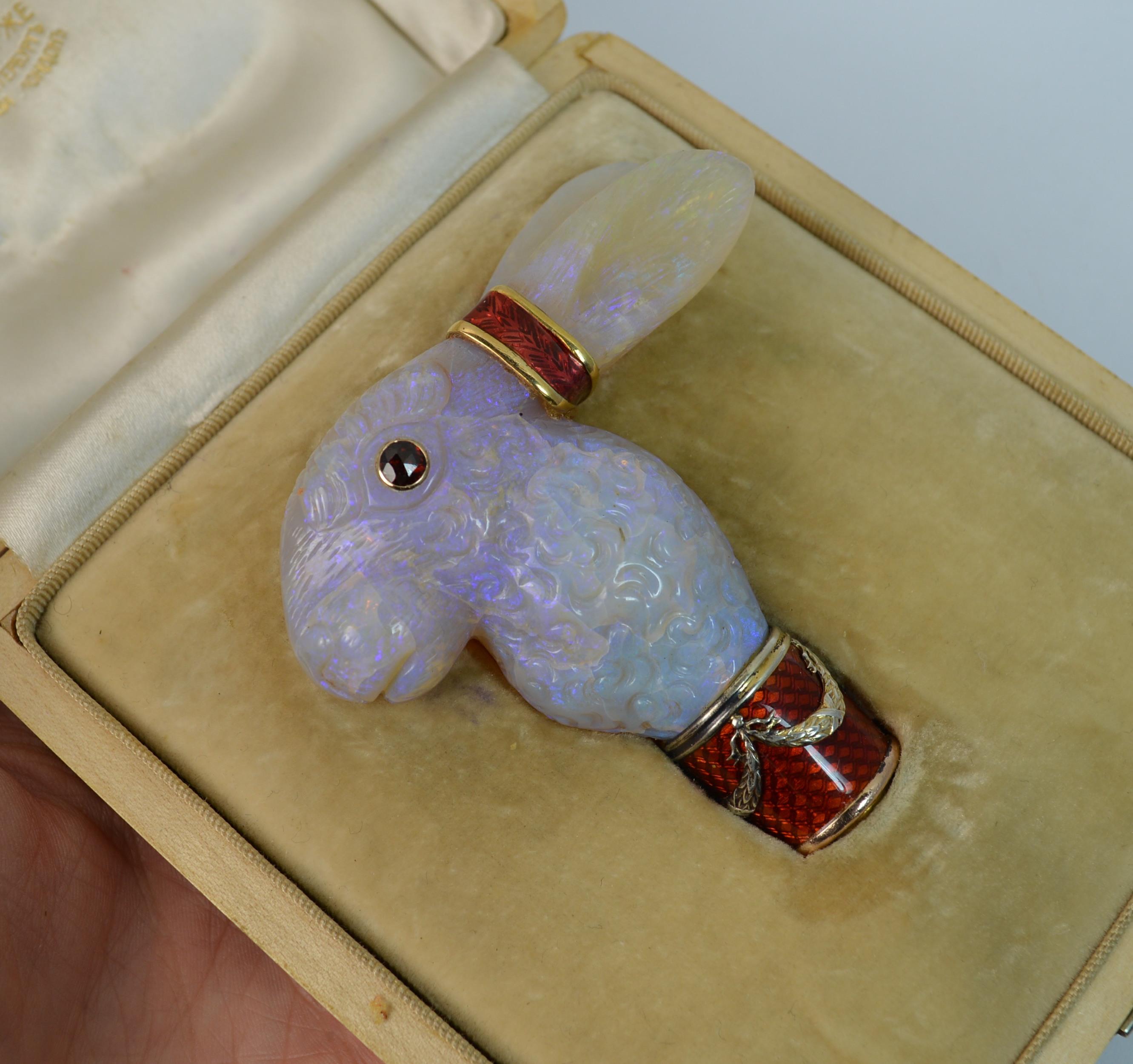 Victorian Faberge Designer Opal Enamel and Garnet Rabbit Walking Cane / Handle