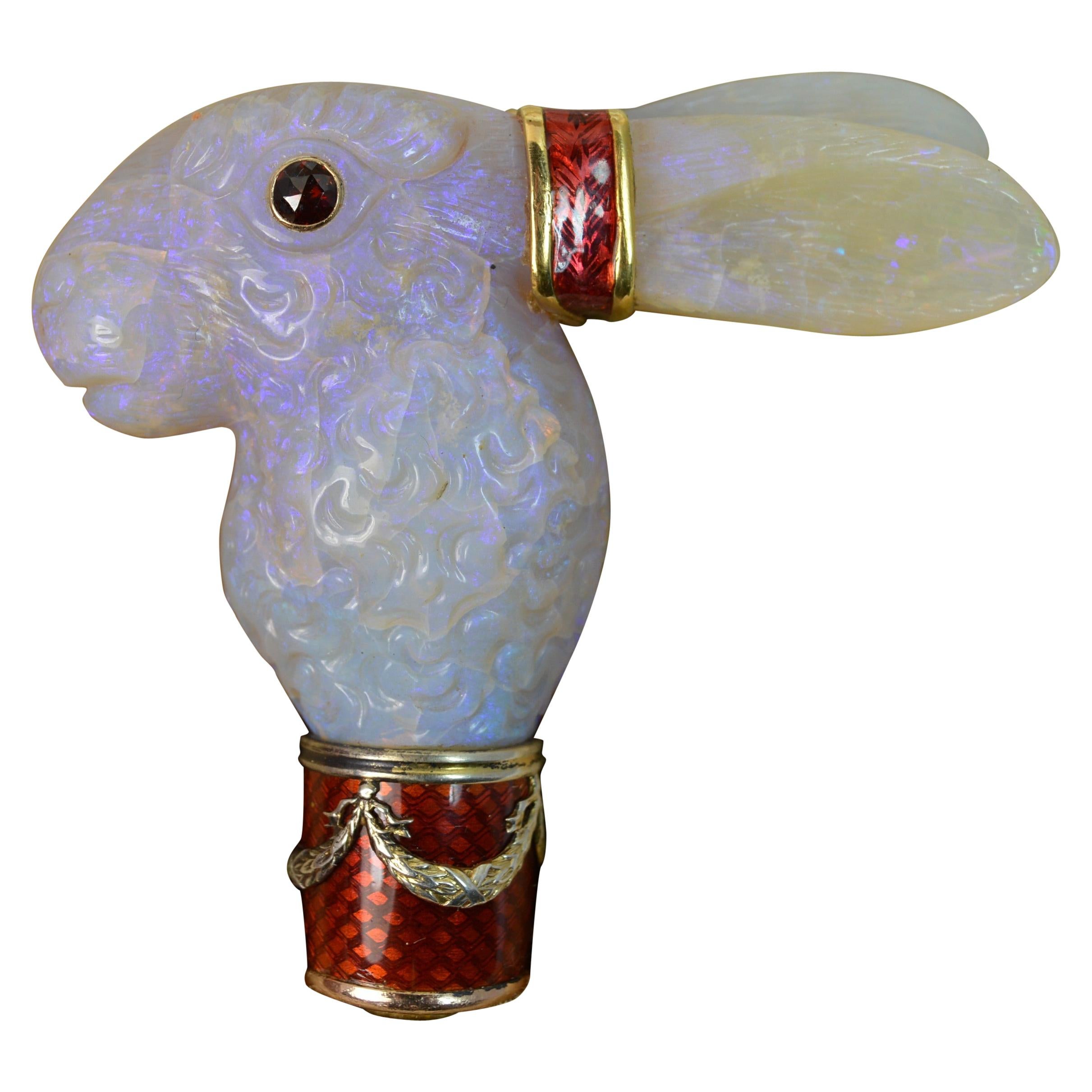 Faberge Designer Opal Enamel and Garnet Rabbit Walking Cane / Handle
