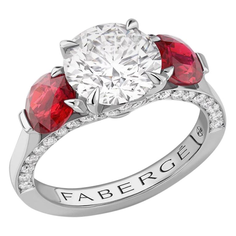 Fabergé Devotion Diamond Ring with Round Ruby Shoulders For Sale