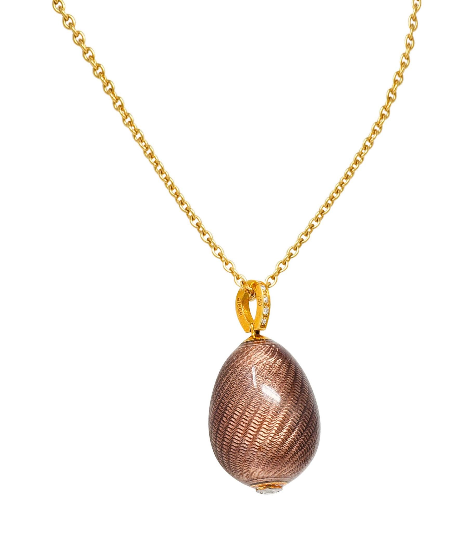 Moderne Fabergé Diamant 18 Karat Gold Emaille Ei Tropfen Anhänger Halskette (Brillantschliff)