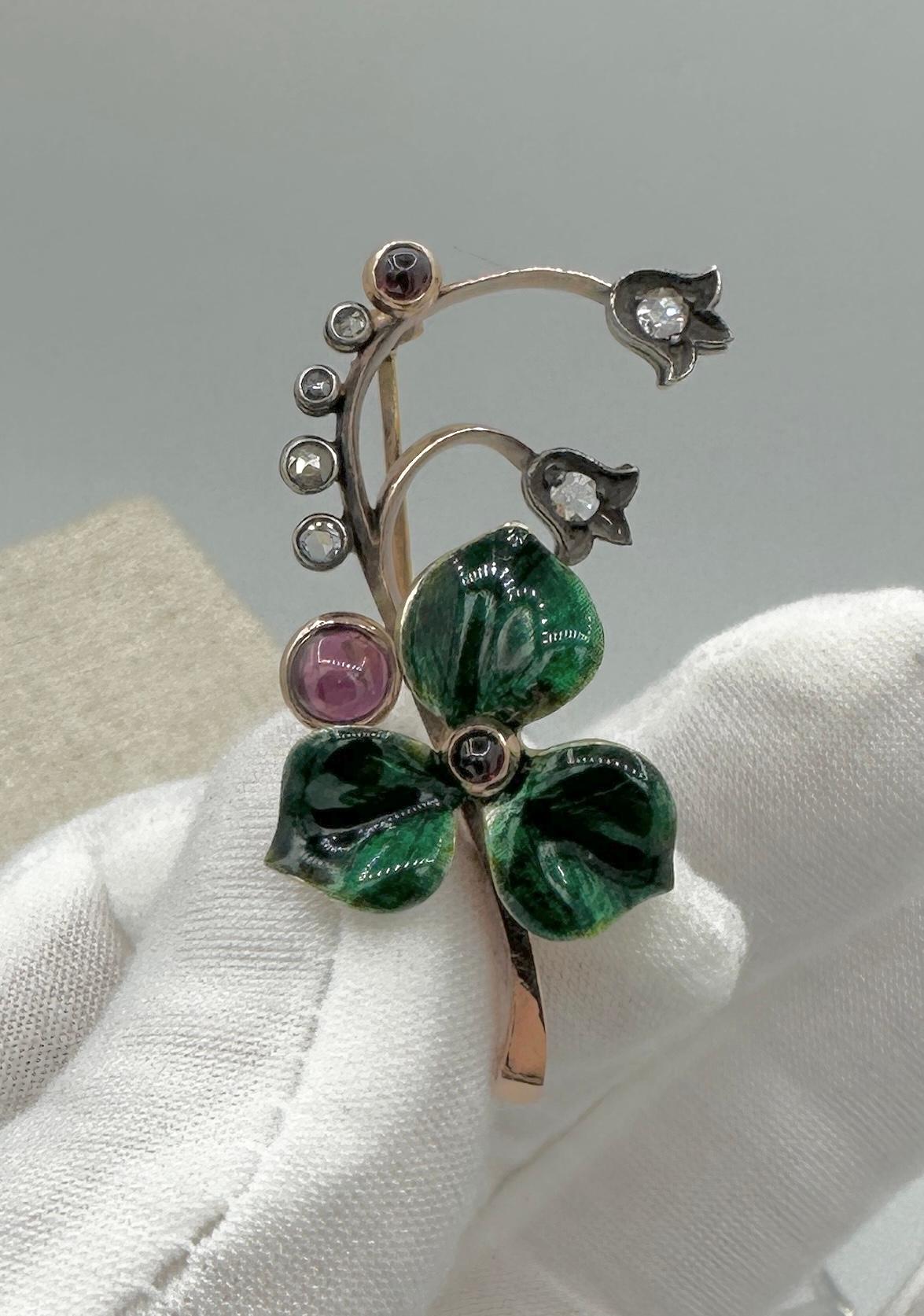 Rose Cut Faberge Diamond Enamel Flower Brooch Antique 1900 August Hollming Workmaster For Sale