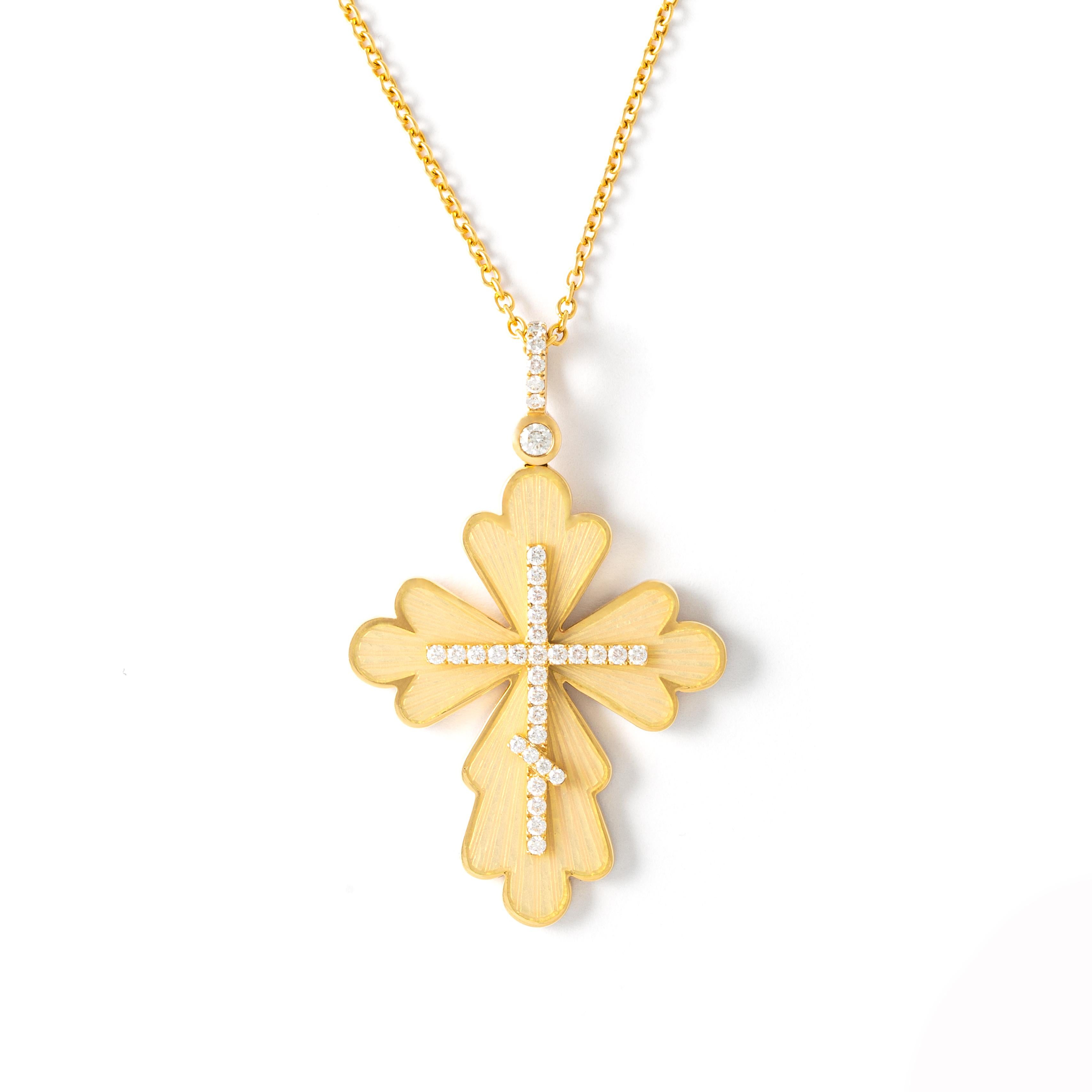 Women's or Men's Fabergé Diamond Yellow Gold 18K Cross Pendant Necklace