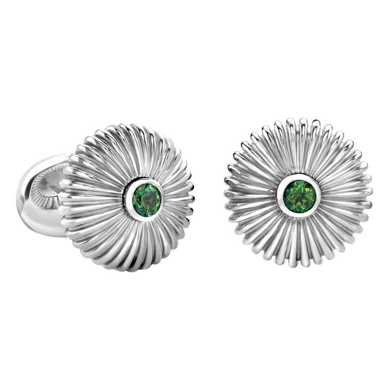 Fabergé Domed Fluted Silver Cufflinks with Green Topaz For Sale