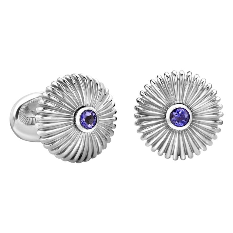 Fabergé Domed Fluted Sterling Silver Cufflinks with Iolite, US Clients For Sale